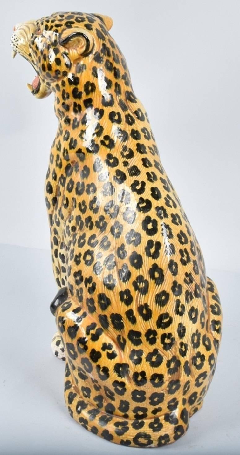 Terracotta 20th Century Italian Statue of Seated Leopard with Hand-Painted Details