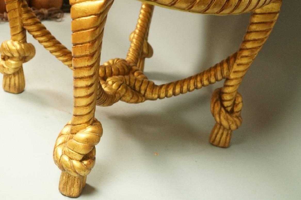  Fournier Style Carved Gilt Wood Twisted Rope and Tassel Round Stool or Ottoman In Good Condition In Houston, TX