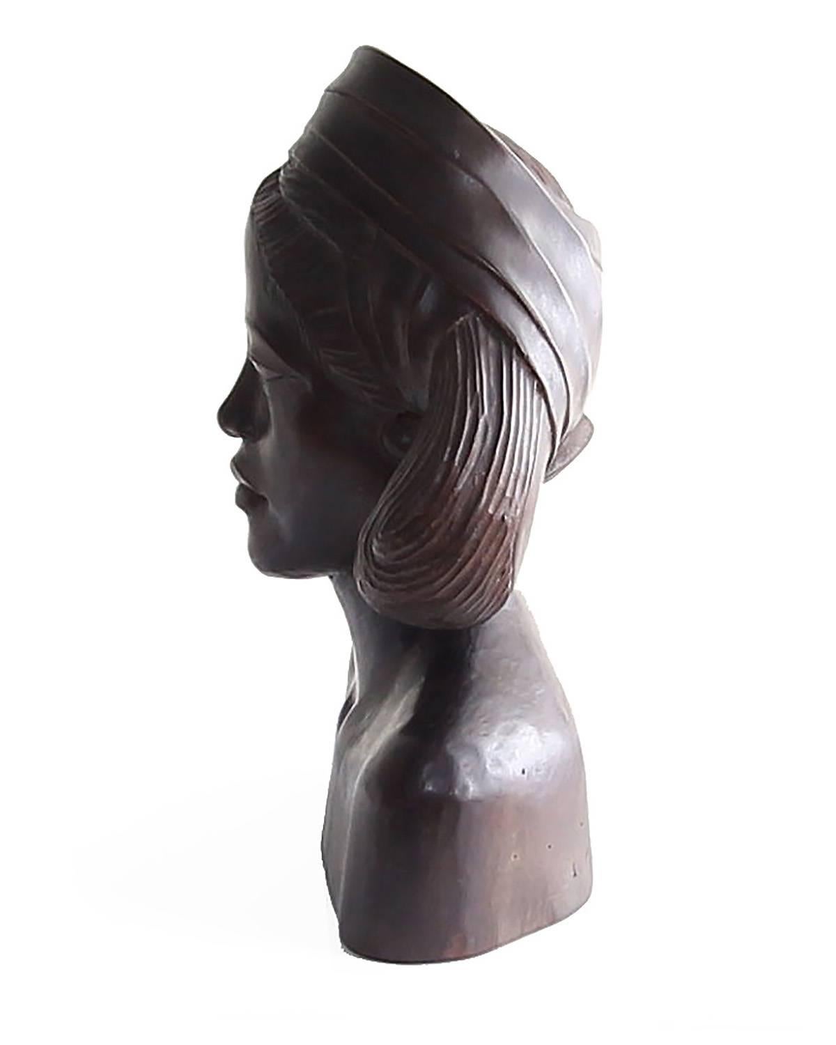 Art Deco Beautiful Carved Mahogany Bust of Balinese Woman Wearing Headscarf