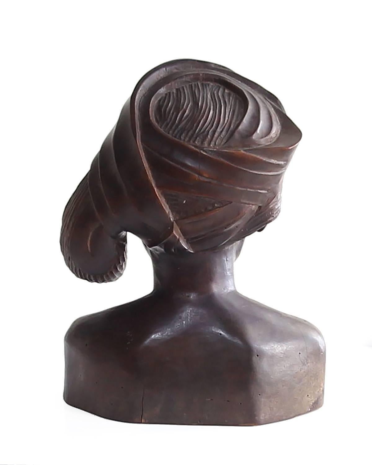 Beautiful Carved Mahogany Bust of Balinese Woman Wearing Headscarf In Good Condition In Houston, TX