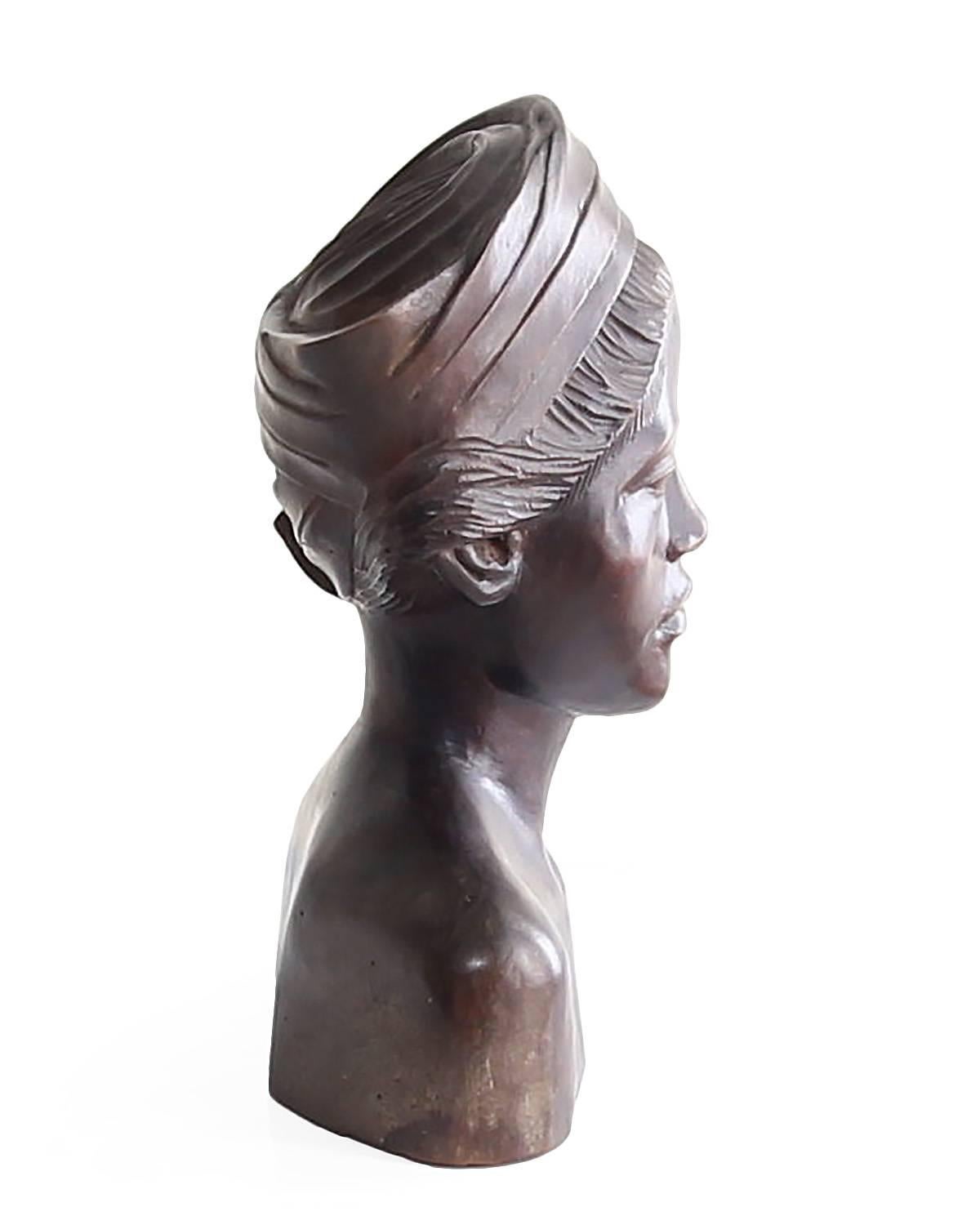 20th Century Beautiful Carved Mahogany Bust of Balinese Woman Wearing Headscarf