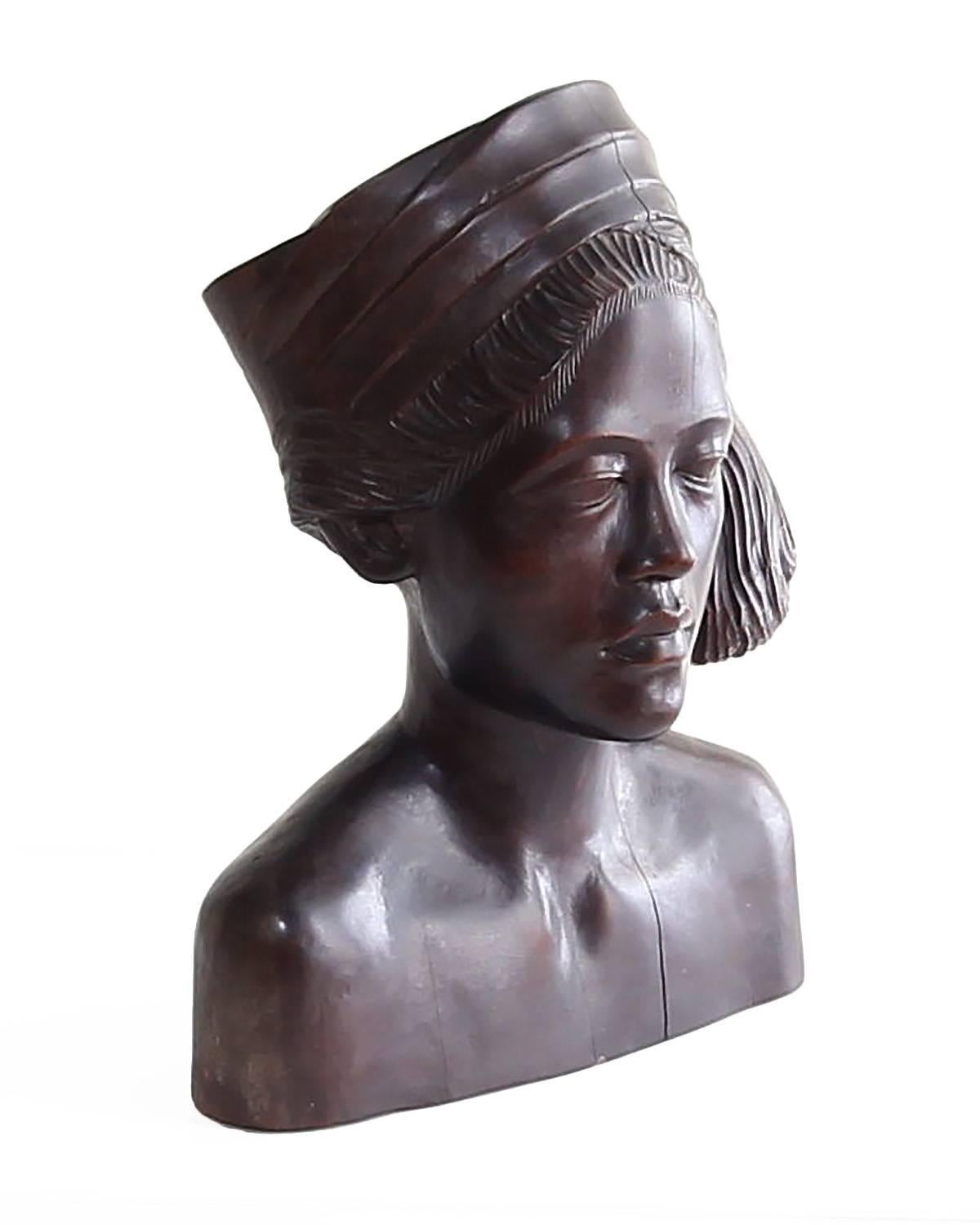Ebony Beautiful Carved Mahogany Bust of Balinese Woman Wearing Headscarf