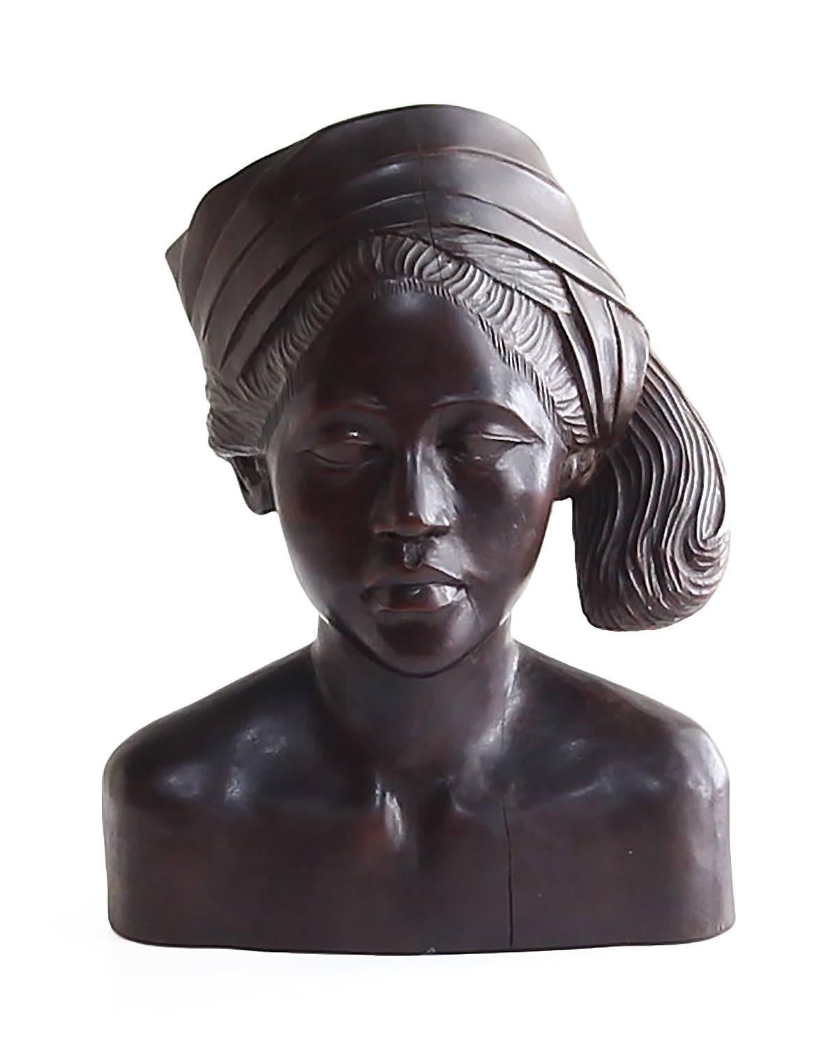 Beautiful Carved Mahogany Bust of Balinese Woman Wearing Headscarf 1