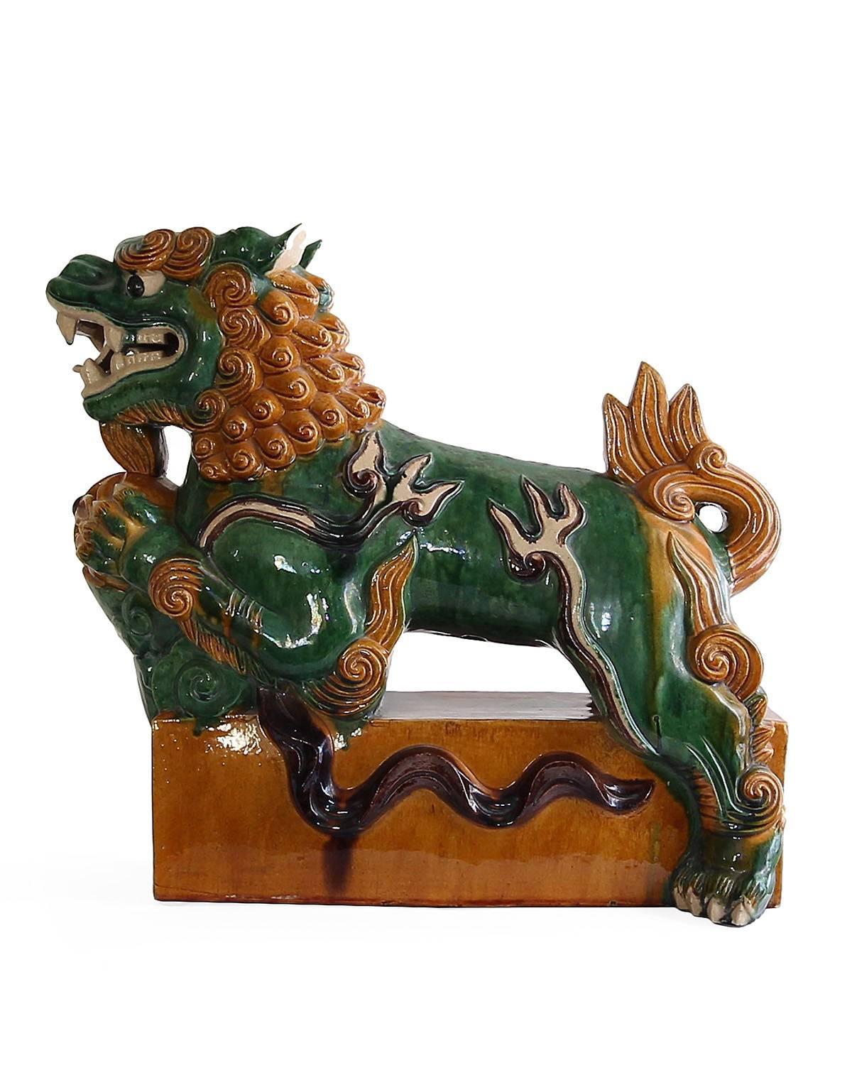 20th Century Pair of Oversize Chinese Sancai Glazed Food Dogs on Pedestals For Sale