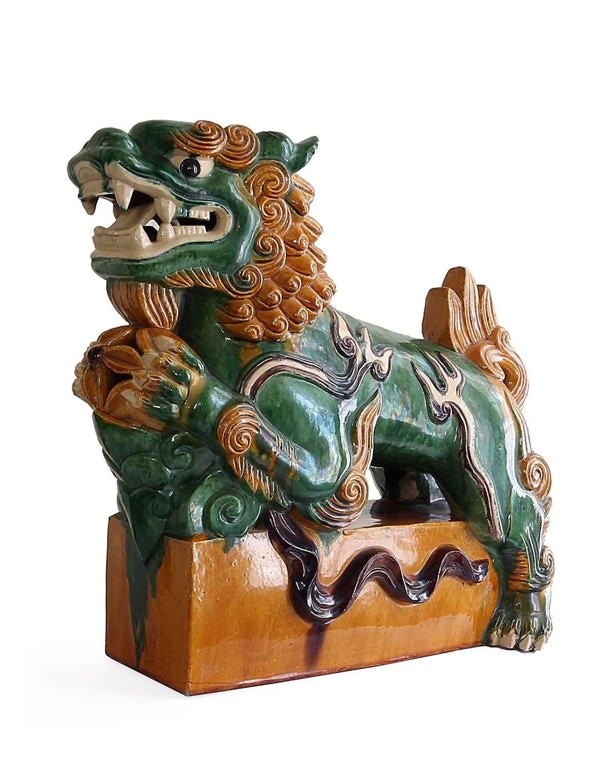 Pottery Pair of Oversize Chinese Sancai Glazed Food Dogs on Pedestals For Sale