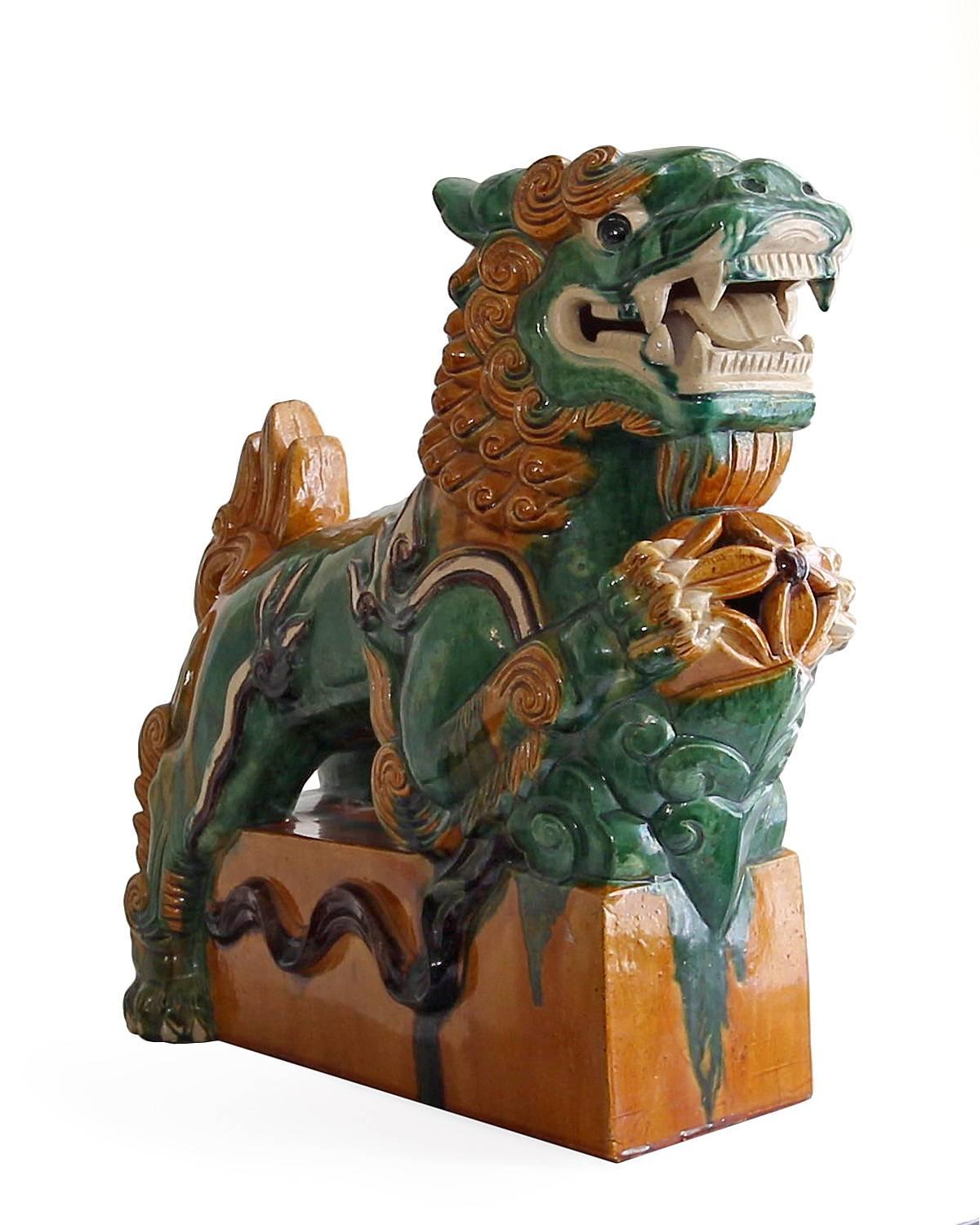 Pair of Oversize Chinese Sancai Glazed Food Dogs on Pedestals For Sale 1