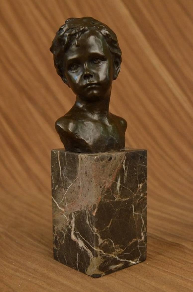 20th Century Art Deco Styled Bronze Bust of Young Boy Mounted on Marble Block Base For Sale