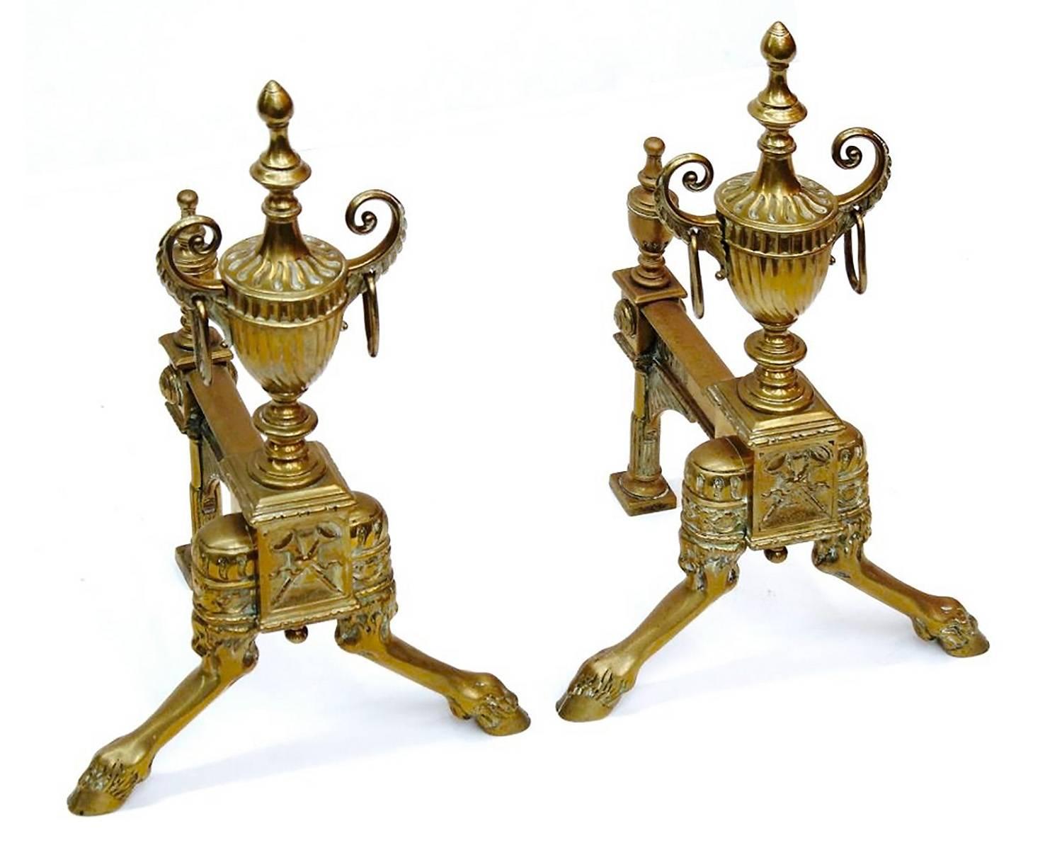 Unknown Pair of Neoclassical Style Gilt Brass Andirons with Urn Finials