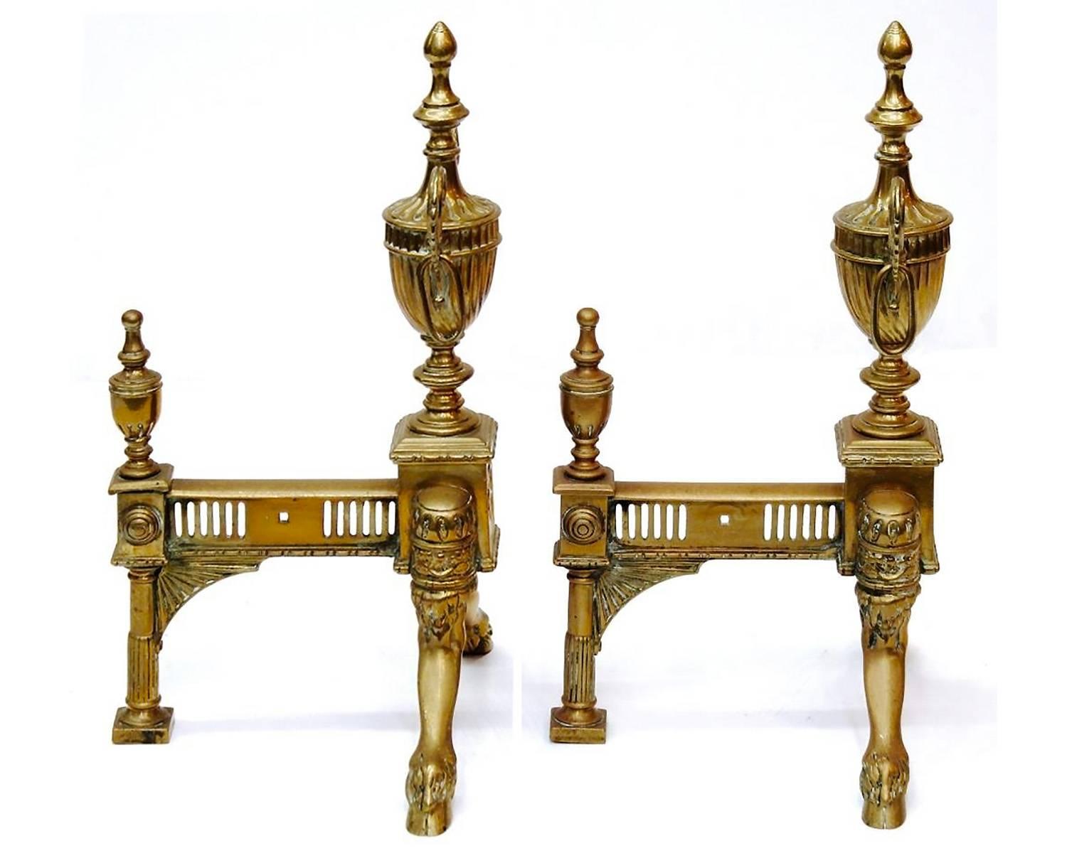 Cast Pair of Neoclassical Style Gilt Brass Andirons with Urn Finials