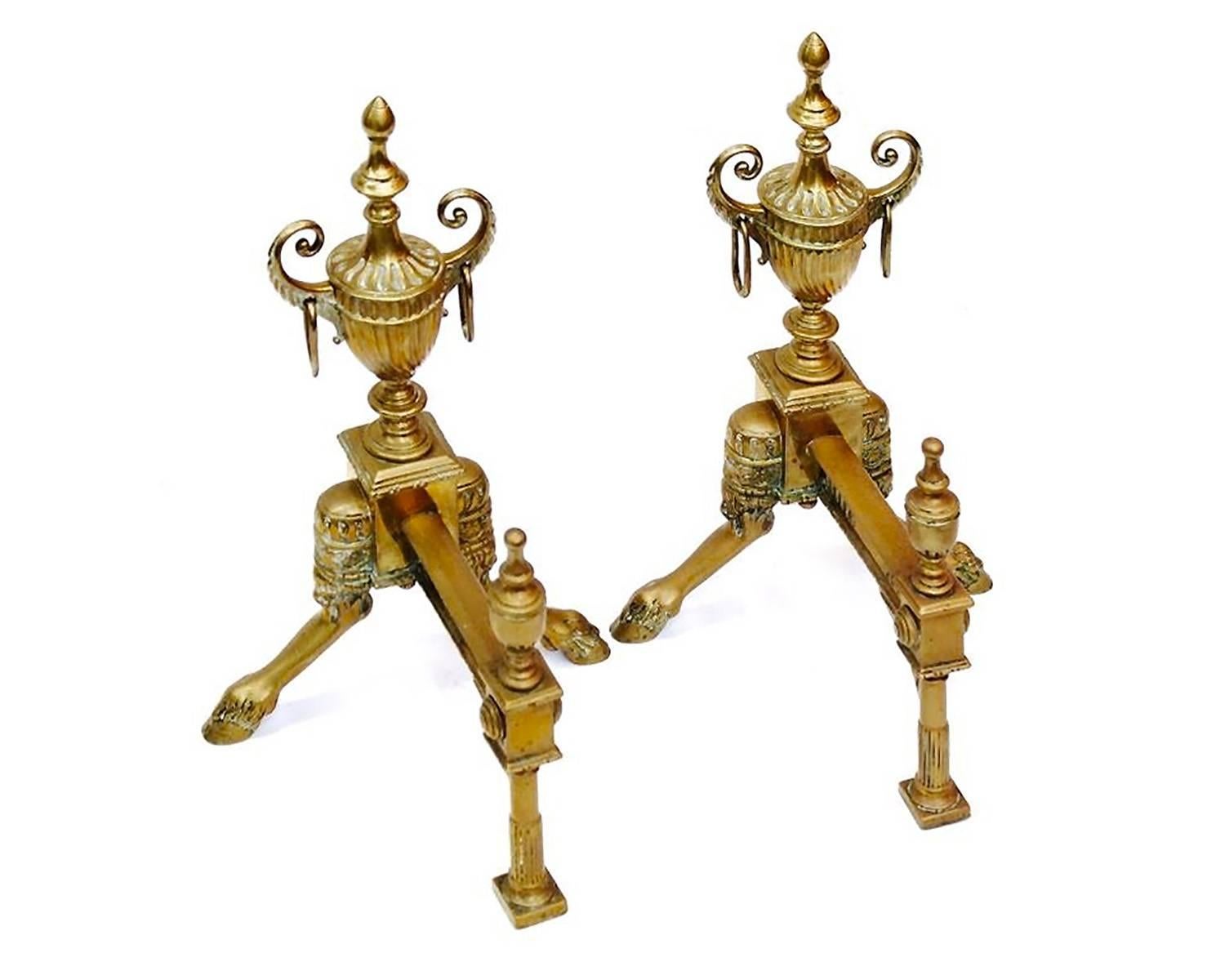 Pair of Neoclassical Style Gilt Brass Andirons with Urn Finials In Good Condition In Houston, TX