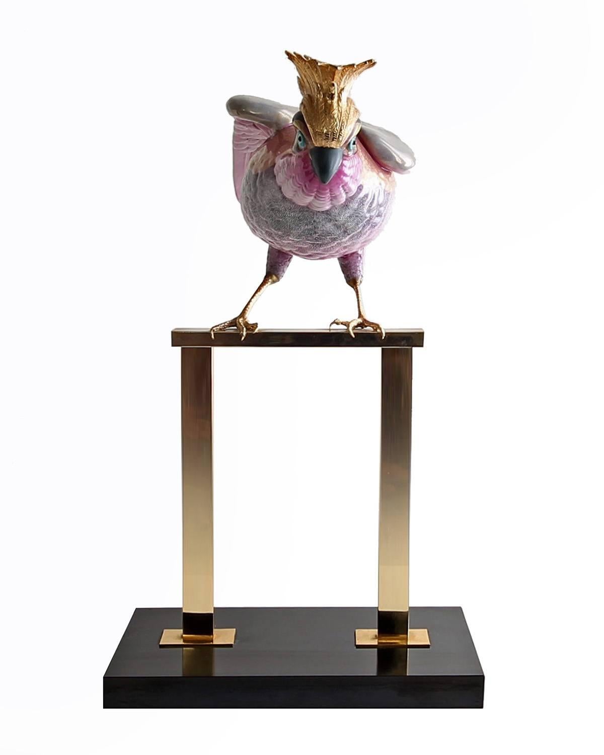 Italian Mangani for Oggetti Hand-Painted Stylized Cockatoo Sculpture on Brass Base For Sale