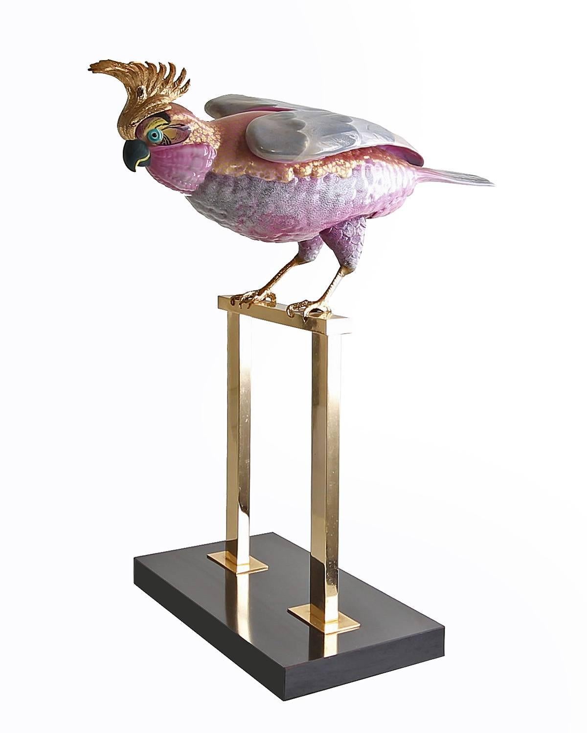Mangani for Oggetti Hand-Painted Stylized Cockatoo Sculpture on Brass Base For Sale 1