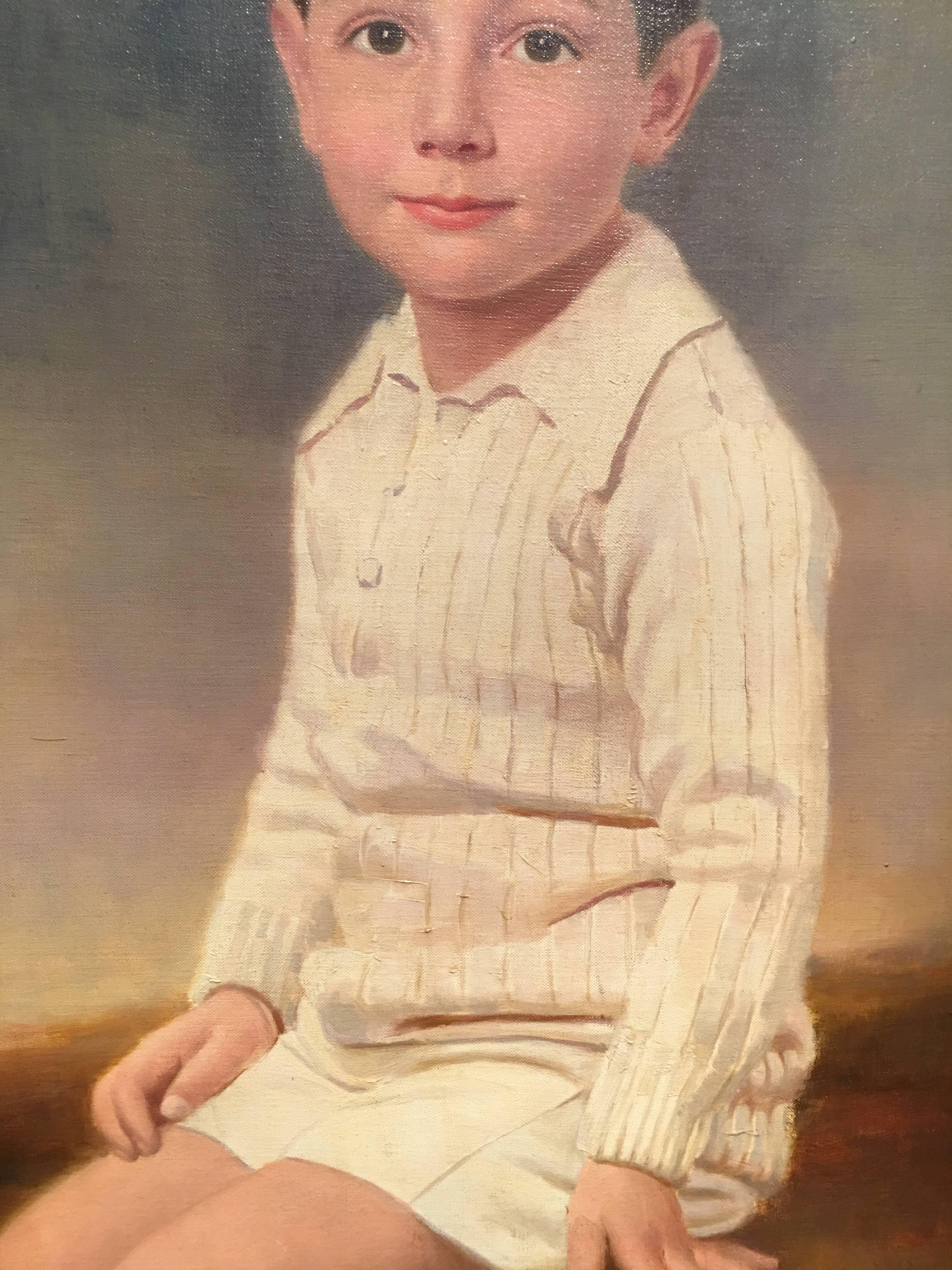 1929 Three Quarter Portrait of a Seated Young Boy by Joshua Smith R.B.A. In Excellent Condition For Sale In Houston, TX