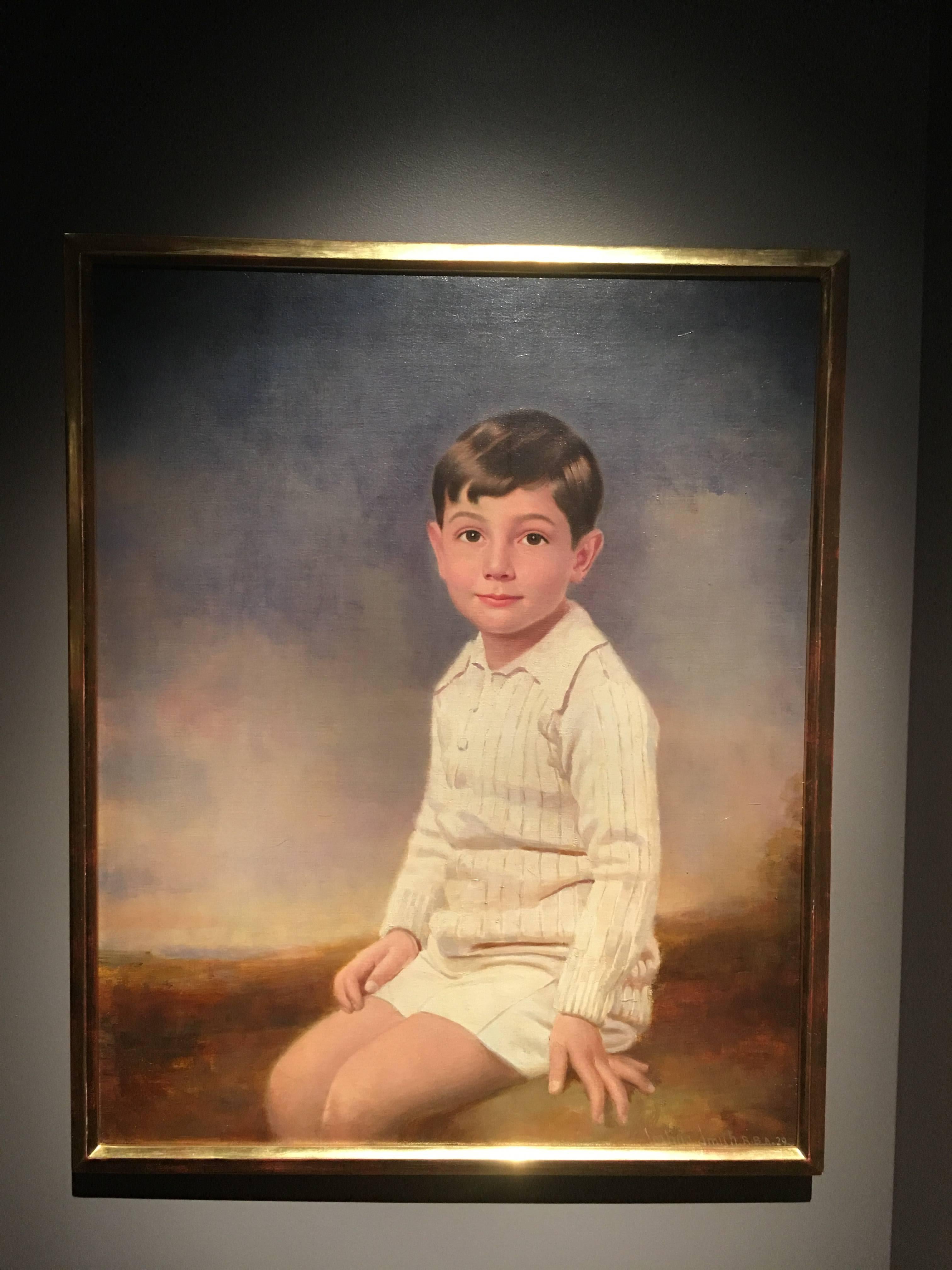 Utterly charming three-quarter portrait of a young boy in play clothes from the early 20th century. Signed and dated Joshua Smith R.B.A. '29 in lower right. Striking facial features and a priceless expression make this portrait a unique and