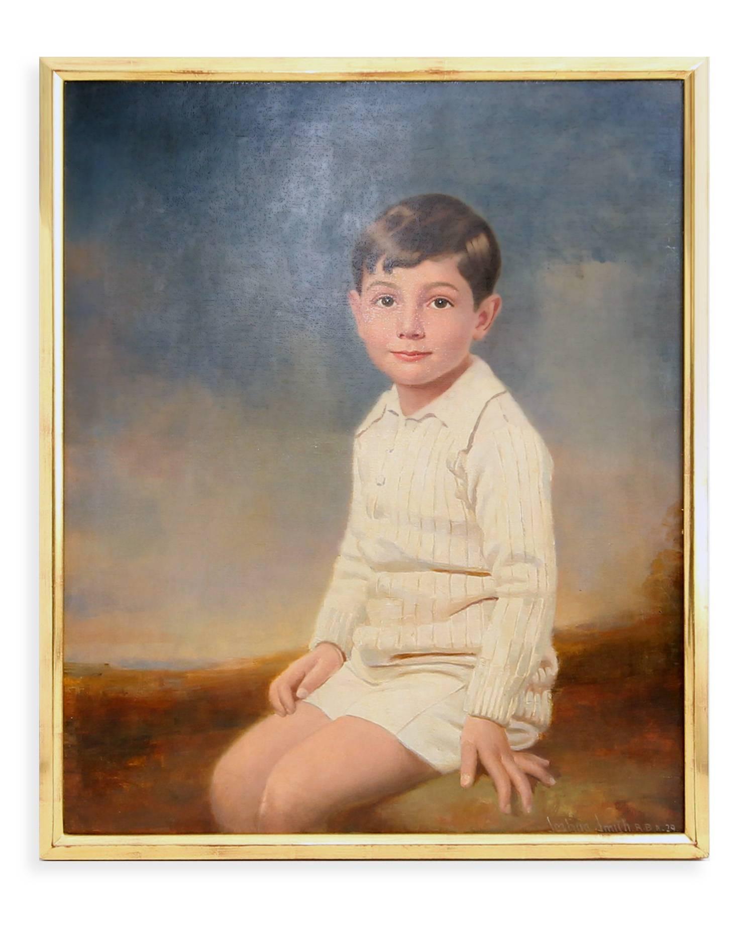 Canvas 1929 Three Quarter Portrait of a Seated Young Boy by Joshua Smith R.B.A. For Sale