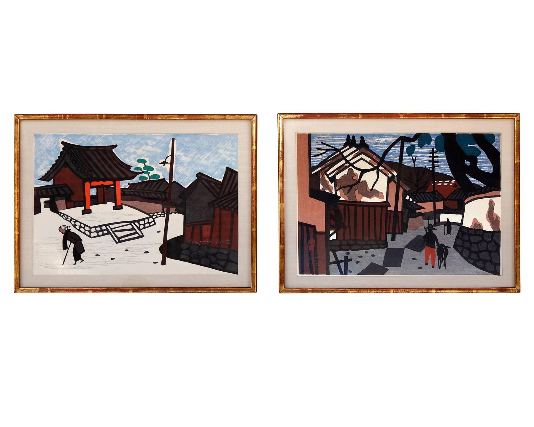 This charming pair of wood block prints by Kiyoshi Saito (1907-1992) presents very well and is beautifully framed. Signed in pencil on the front. Marked Sindin-Harris Galleries in Hartsdale, NY, circa 1950s.

Framed Size: 18 x 13.25 inches.