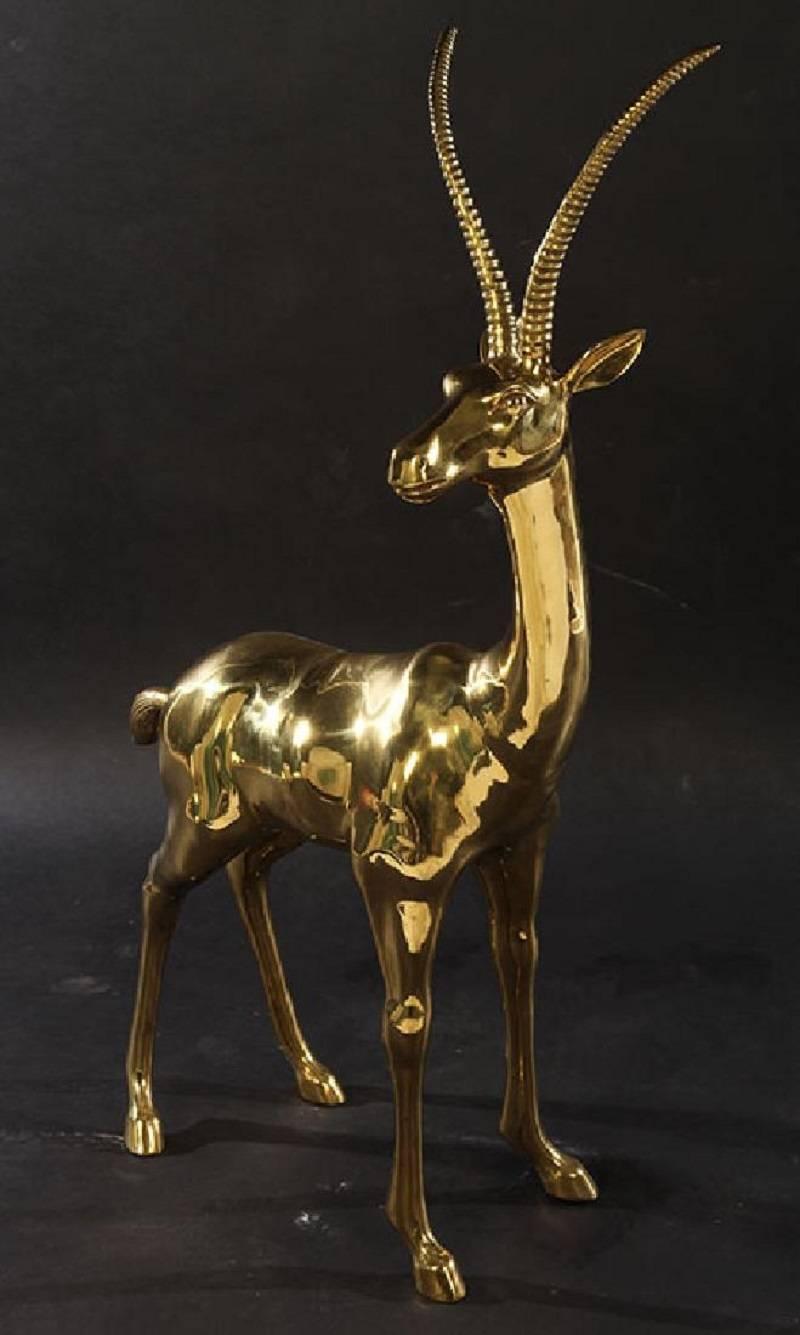 Unknown Pair of 20th Century Very Large Polished Brass Gazelles Statues For Sale