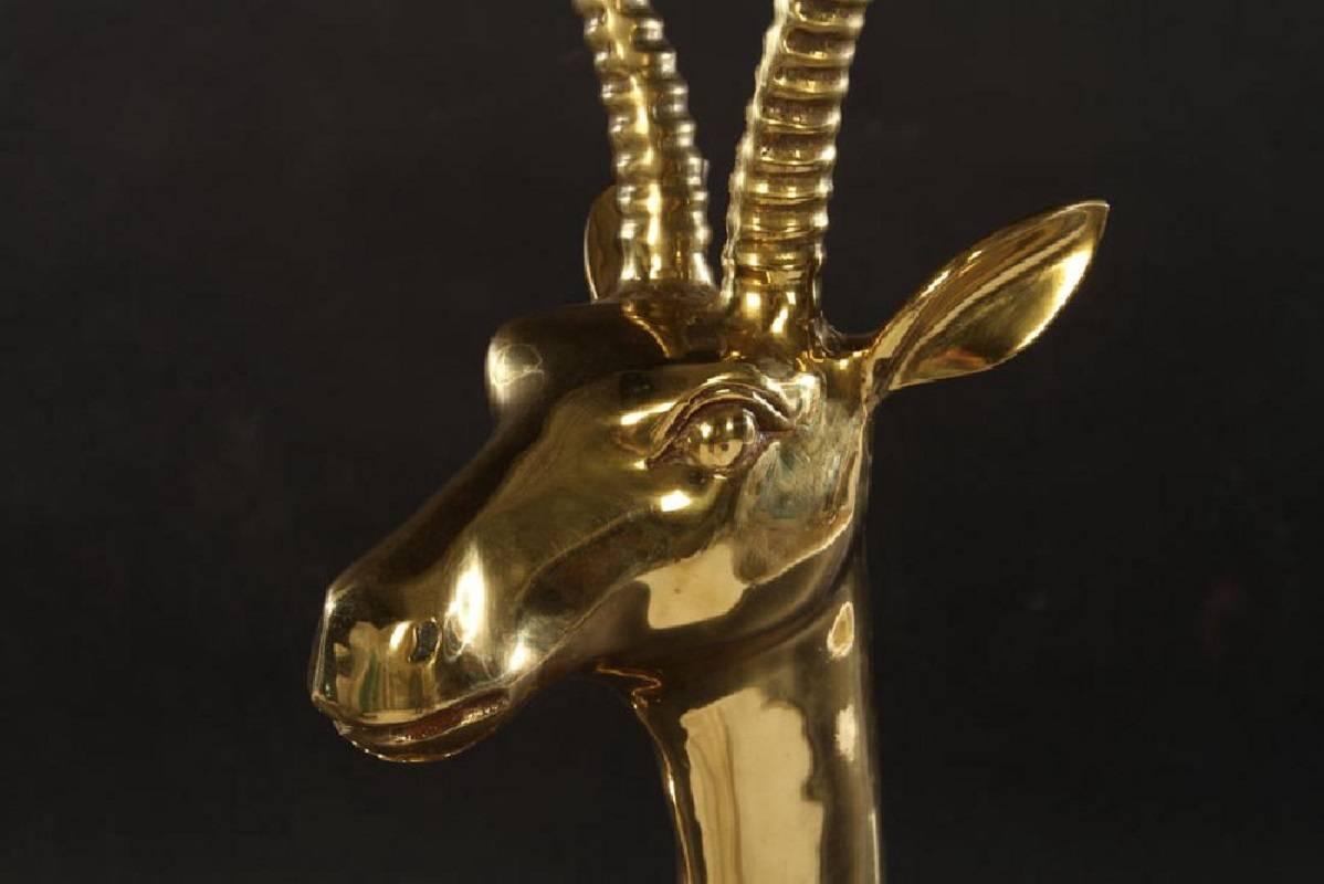 Pair of 20th Century Very Large Polished Brass Gazelles Statues In Good Condition For Sale In Houston, TX