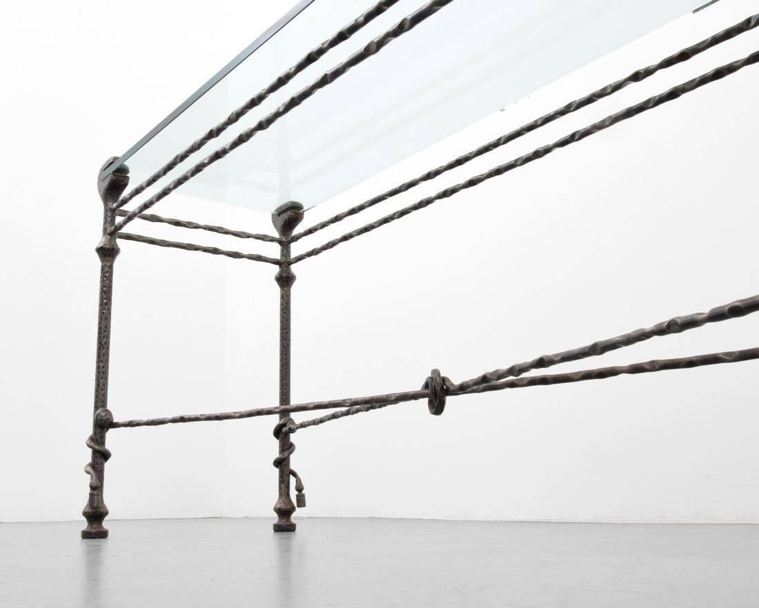 Mid-Century Hammered Iron Console Table in the Manner of Diego Giacometti In Good Condition For Sale In Houston, TX