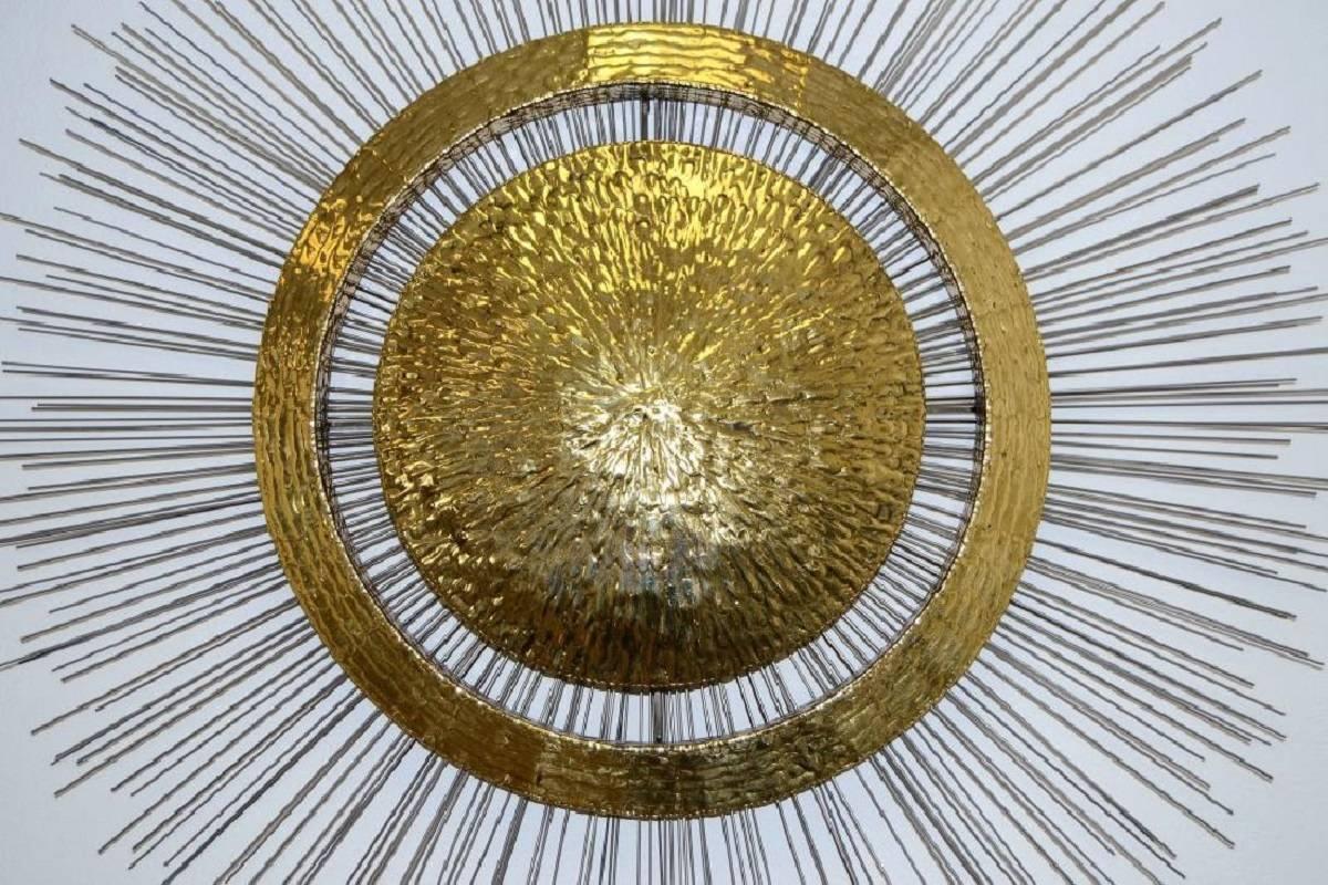 Unknown Large Brass and Steel Sunburst Wall Sculpture For Sale