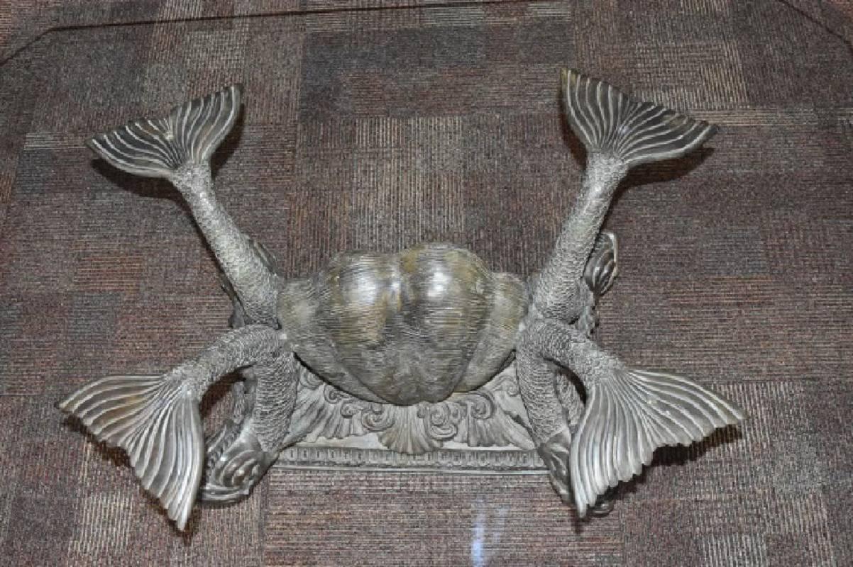 Bronze Neoclassical Coffee Table with Dolphin and Shell Details In Good Condition For Sale In Houston, TX