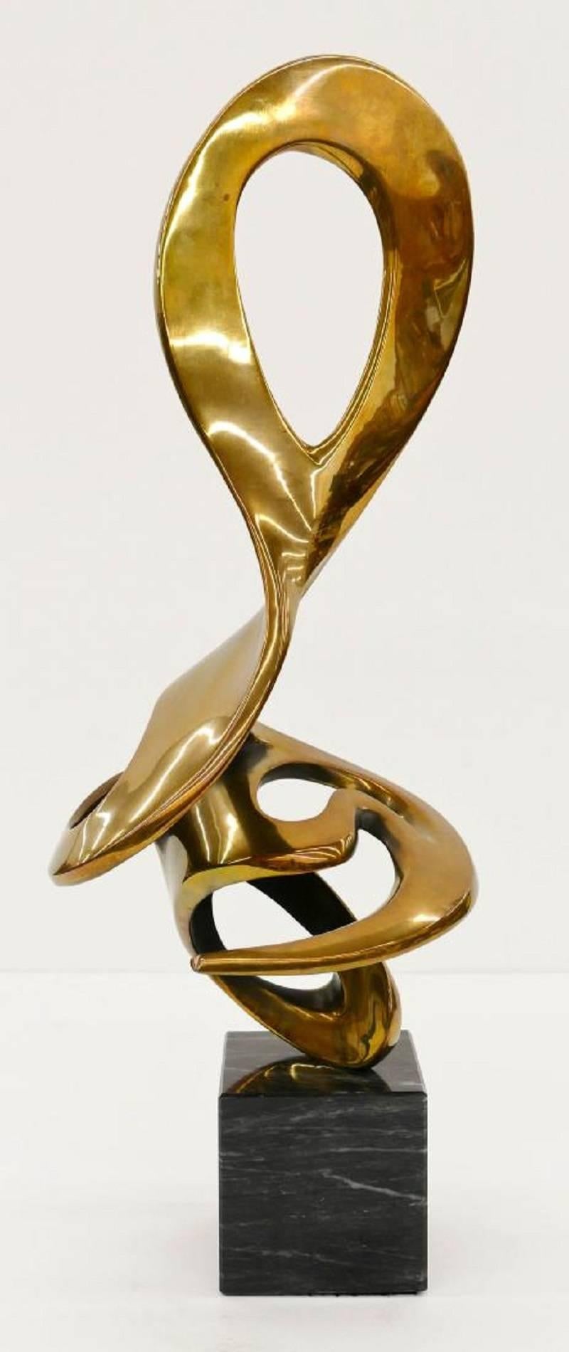 This exuberant abstract sculpture by artist Robert ‘Bob’ Bennett is titled ‘Innovation’ and is created of bronze. The piece is signed and number (18 of 50 edition) and comes with an original certificate of authenticity.
Measures: 23 H x 8 W x 8 D