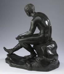 Large 20th Century Bronze Sculpture of Seated Hermes Figure with Winged Sandals