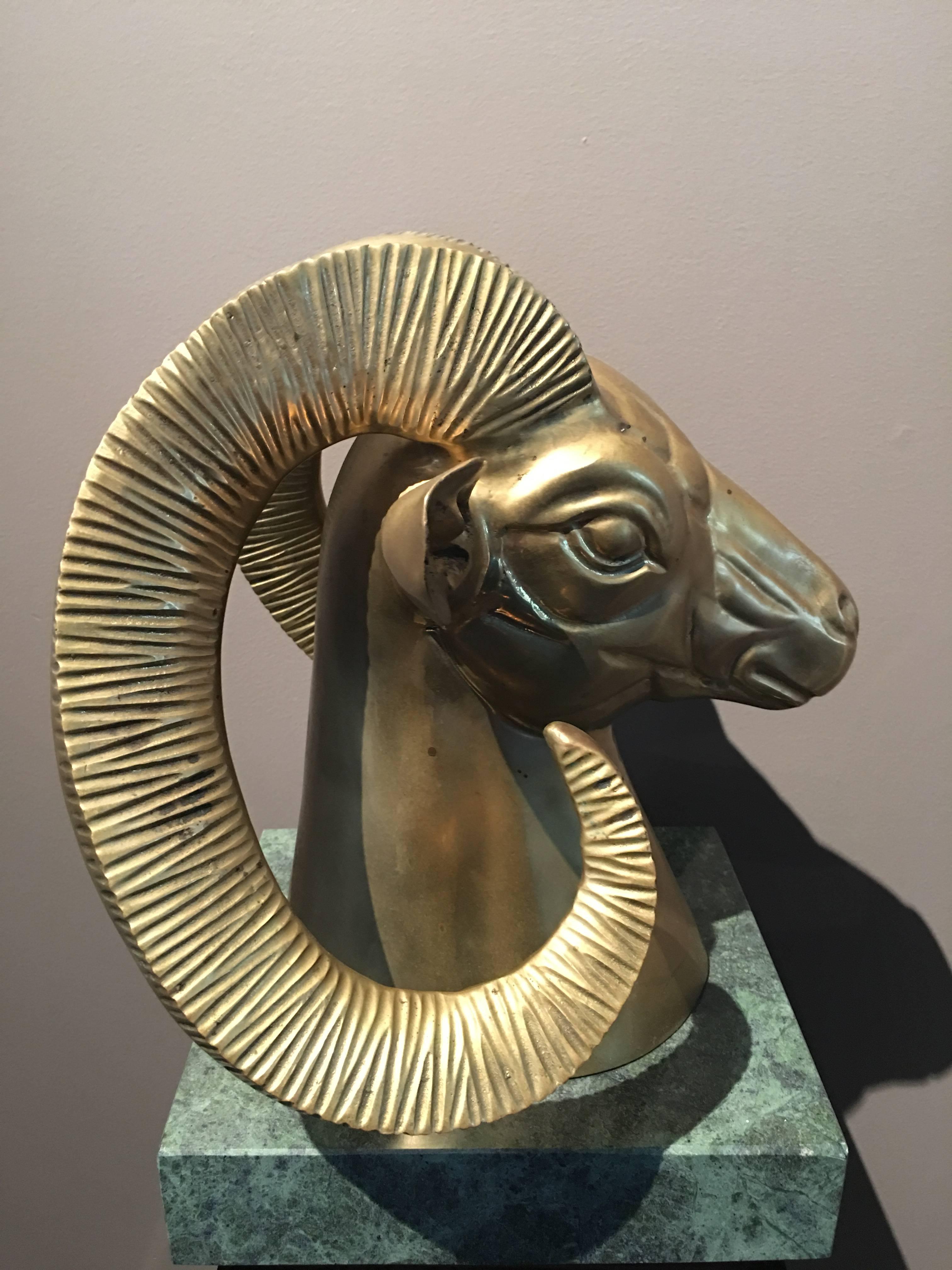 Hollywood Regency Brass Ram Bust on Green Marble Base In Good Condition For Sale In Houston, TX