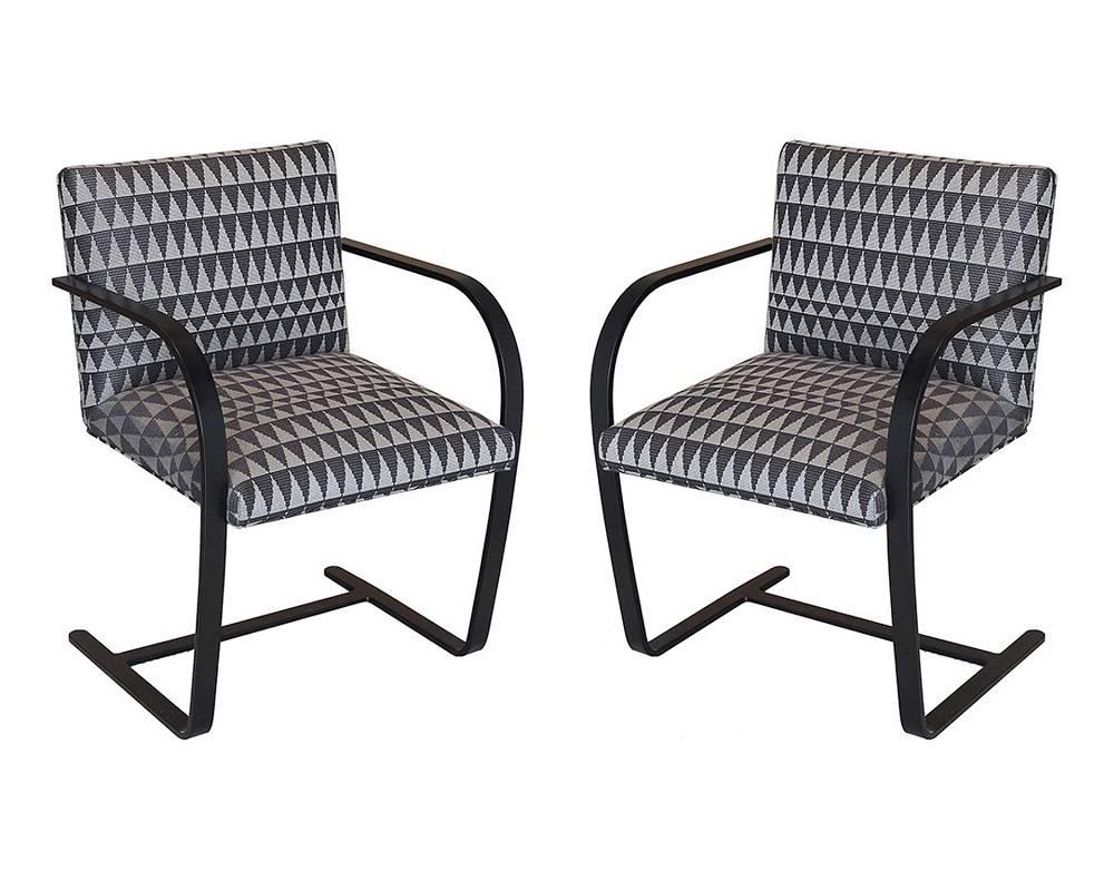 These vintage flat bar Brno Chairs by Knoll (circa 1980s) have been fully restored in custom, matte black powder coat finish and upholstered in the Donghia Spring 2017 Manhattan Muse Textile Collection (Parade Black
10328-029). These chairs were