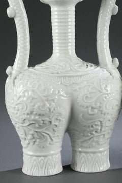 20th Century Blanc de Chine Vases with Unusual Form and Dragon Handles