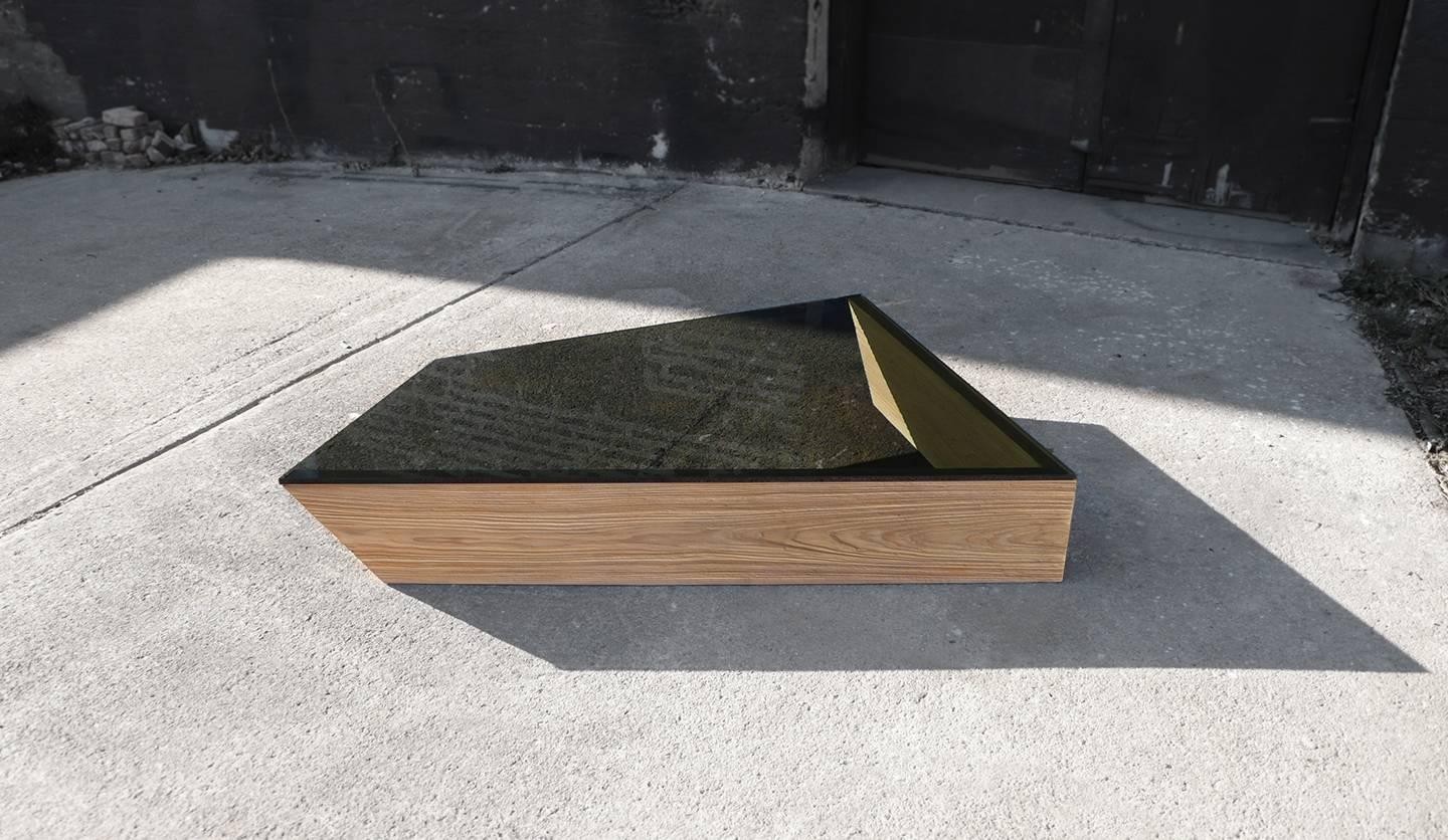 American DRIFT - Weathered Cypress Wood and Smoked Glass Minimal Geometric Coffee Table For Sale