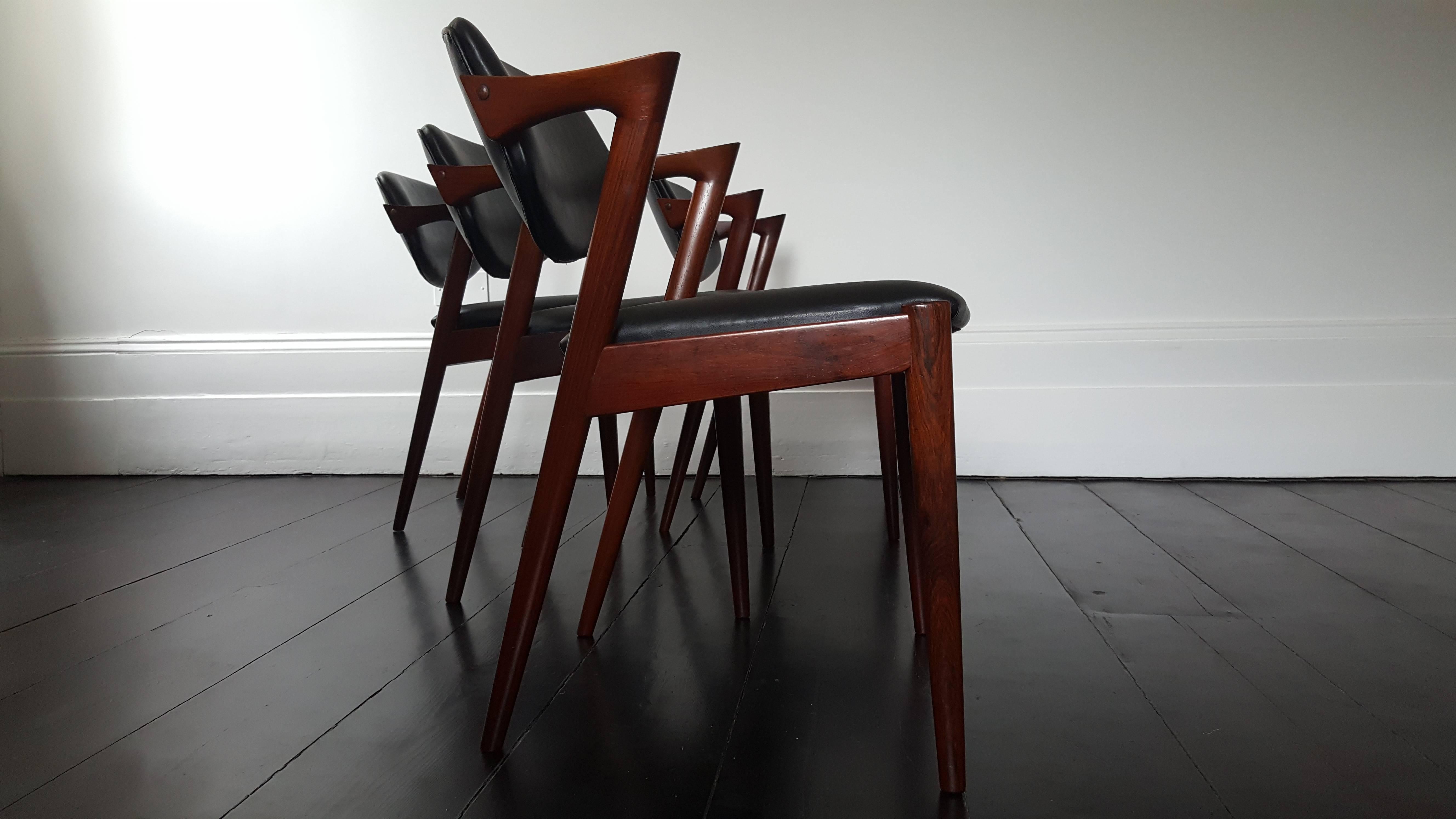 Danish Four Kai Kristiansen Model 42 Rosewood Frame Dining Chairs for Schou Andersen