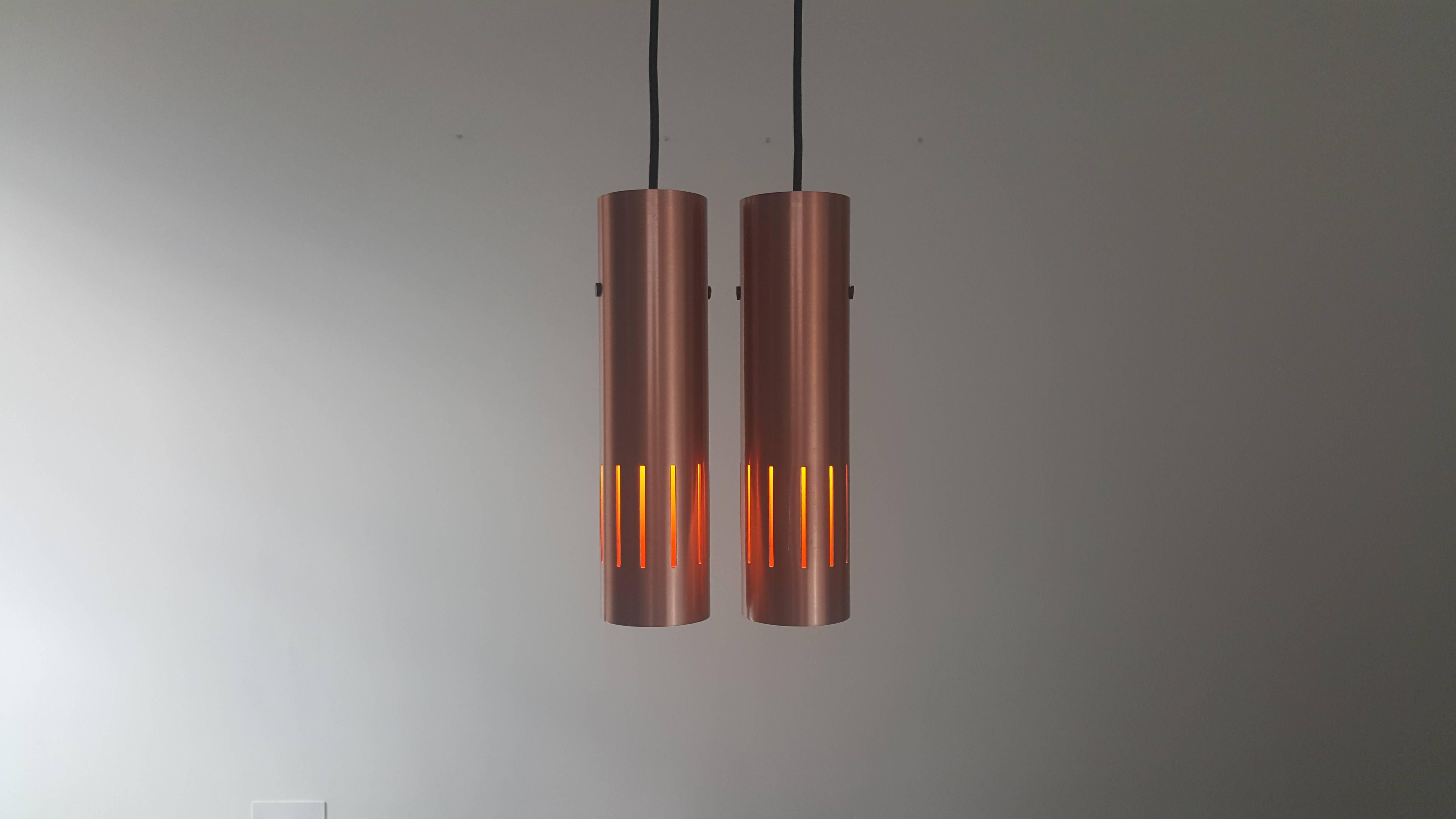 Danish Pair of Copper Jo Hammerborg Trombone Pendant Lights for Fog & Mørup, Denmark