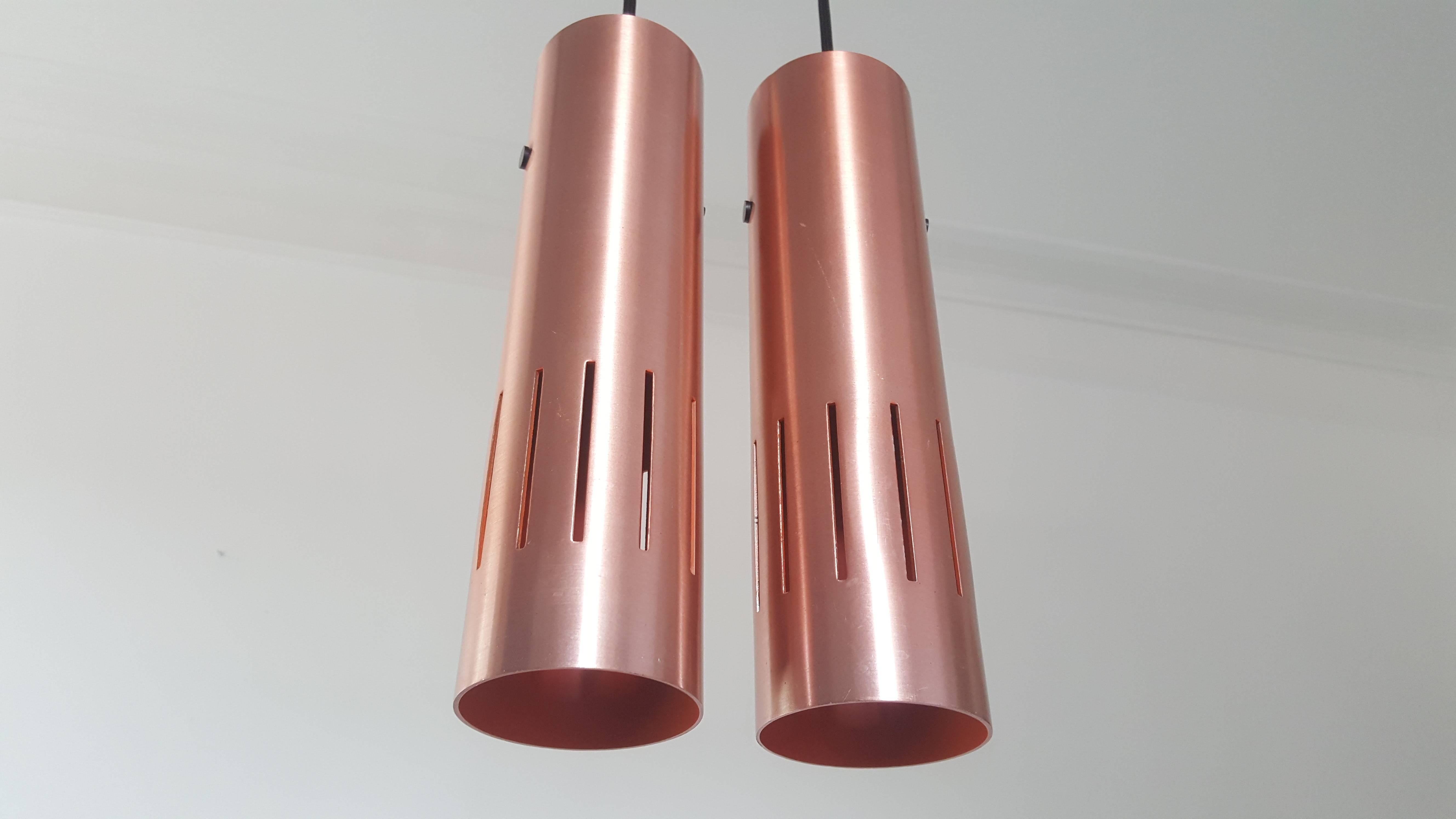Mid-Century Modern Pair of Copper Jo Hammerborg Trombone Pendant Lights for Fog & Mørup, Denmark