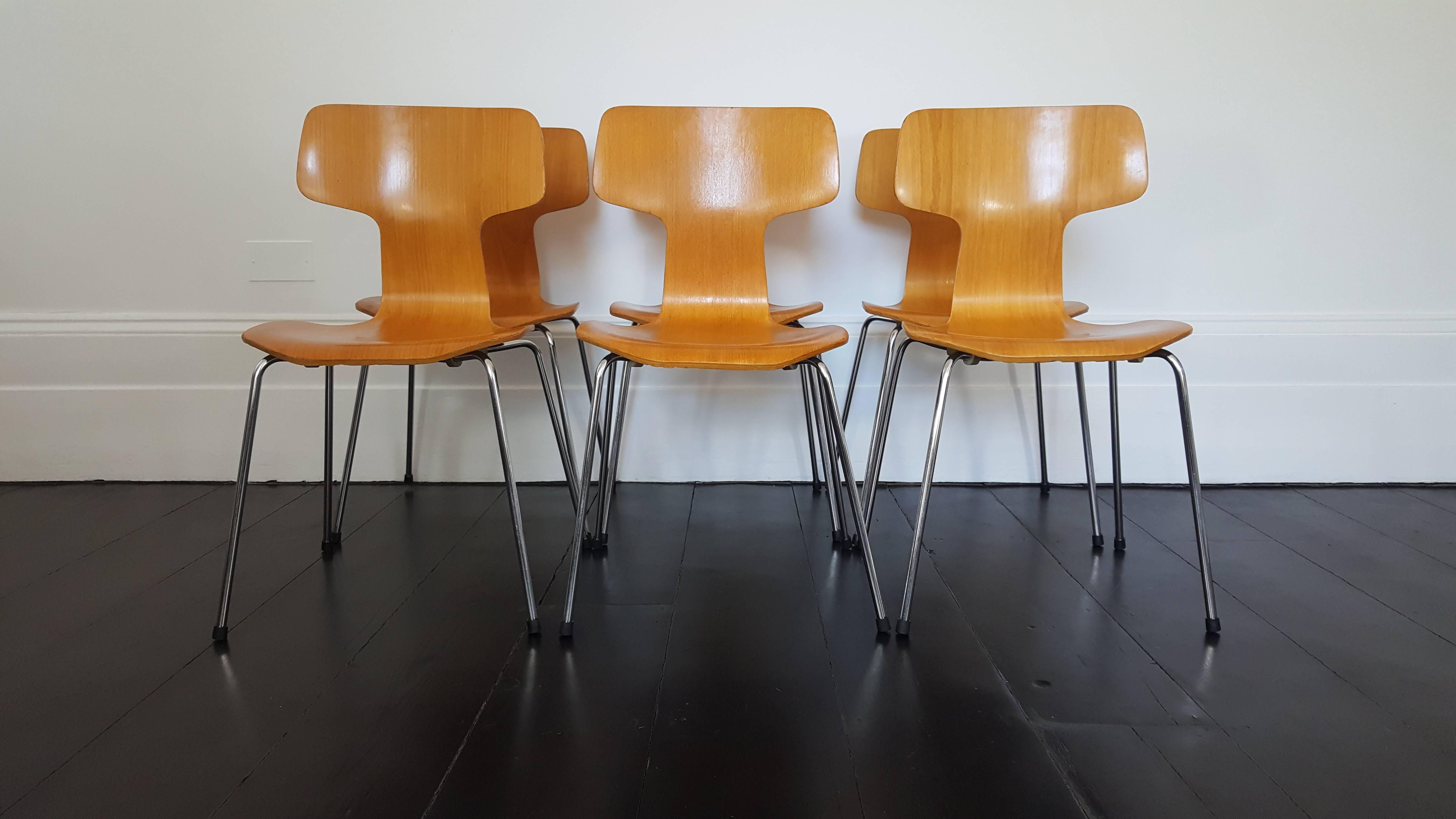 Scandinavian Modern Six Model 3103 Beech Hammer/T Chairs by Arne Jacobsen for Fritz Hansen