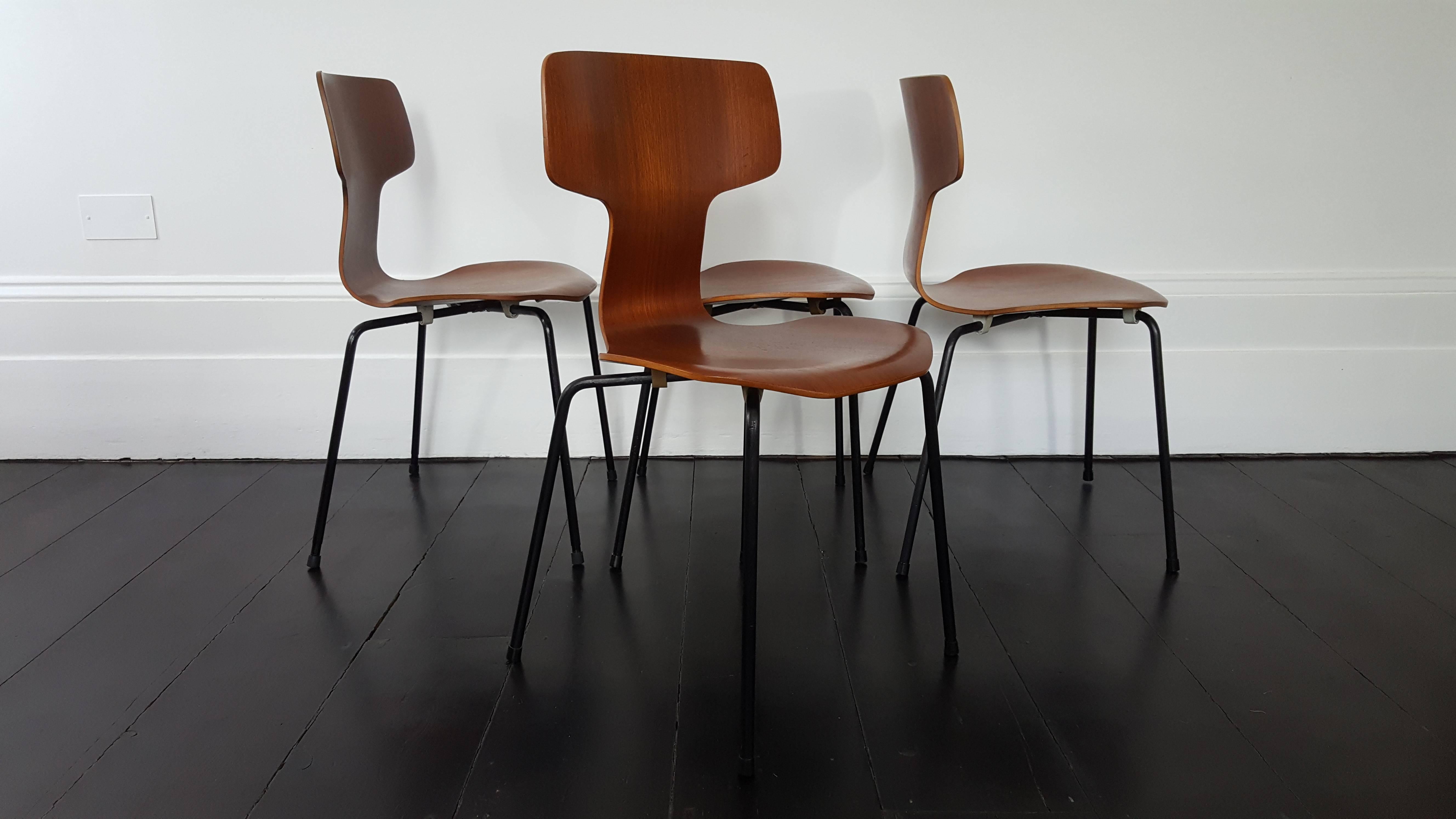 Iconic design teak Model 3103 hammer chairs by Arne Jacobsen for Fritz Hansen, 1960s.