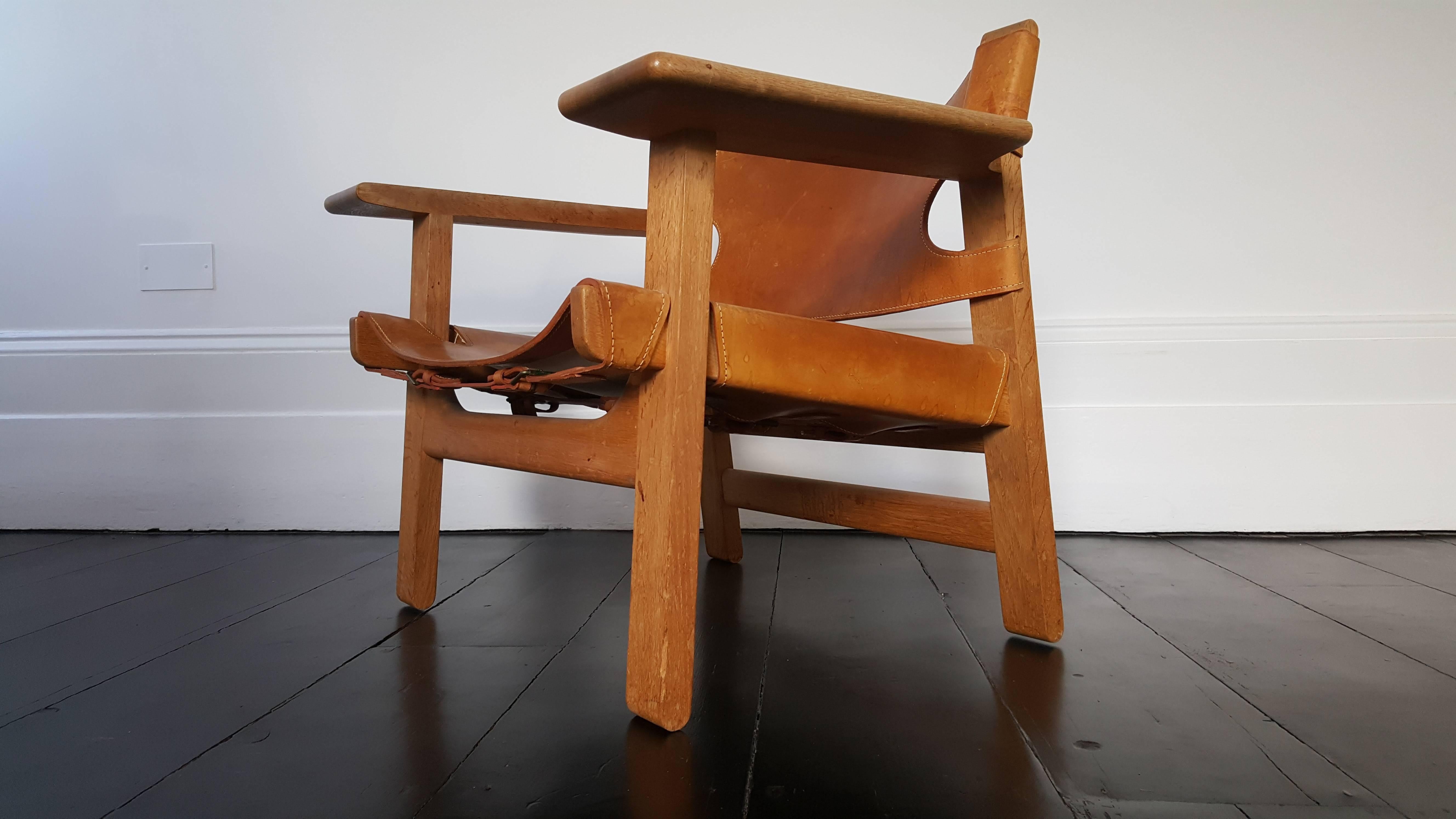 Børge Mogensen "Spanish" chair, designed 1958, produced by Fredericia Stolefabrik 1967 Børge Mogensen "Spanish" chair, designed in 1958 and produced by Fredericia Stolefabrik, solid oak with great patinated cognac coloured