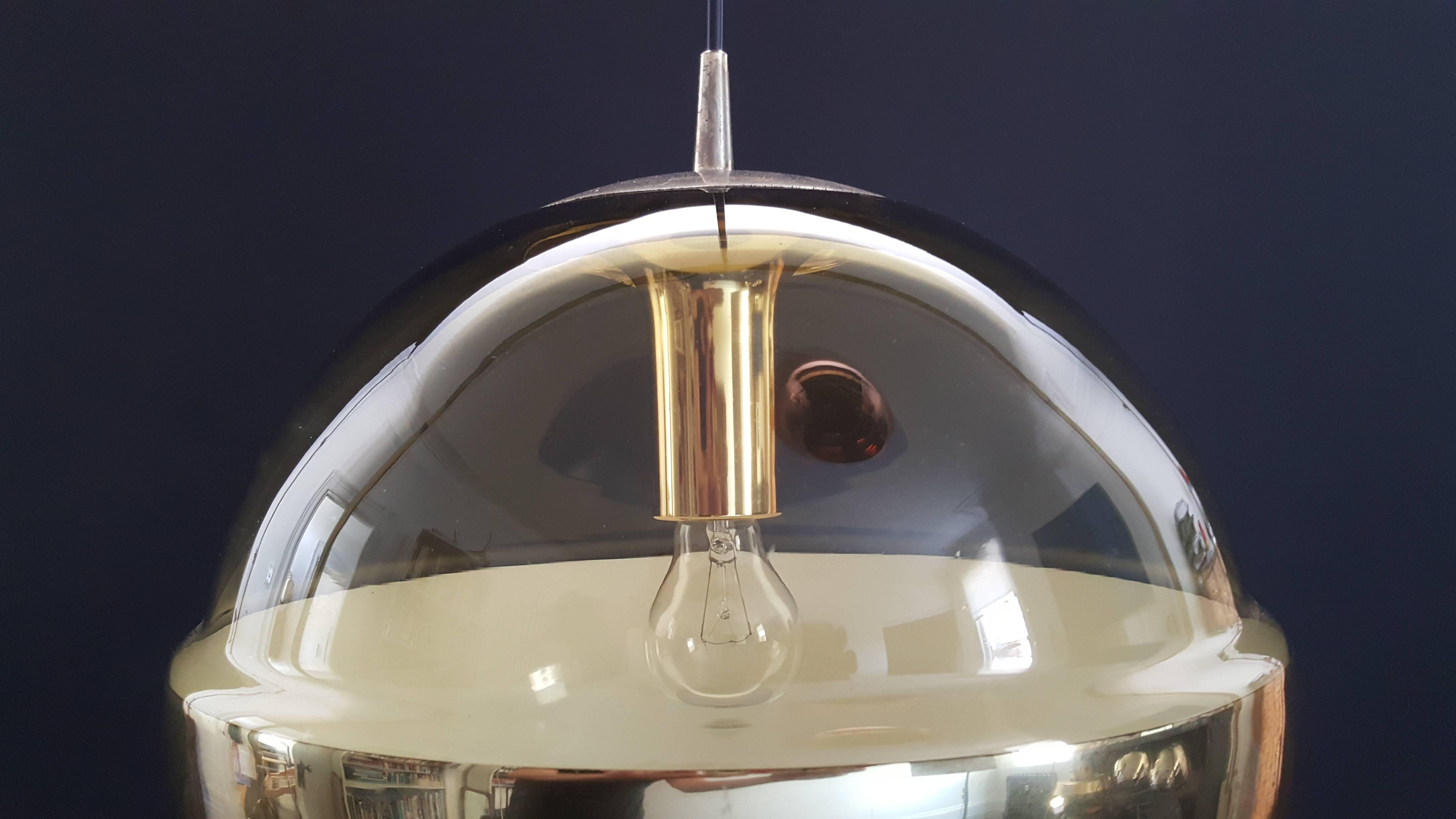 Large Peill and Putzler 1960s Brassed Metal and Amber Glass Spherical Pendant In Good Condition In London Road, Baldock, Hertfordshire