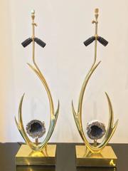 Pair of Willy Daro Brass Lamps with Semi Precious Stone, circa 1970s