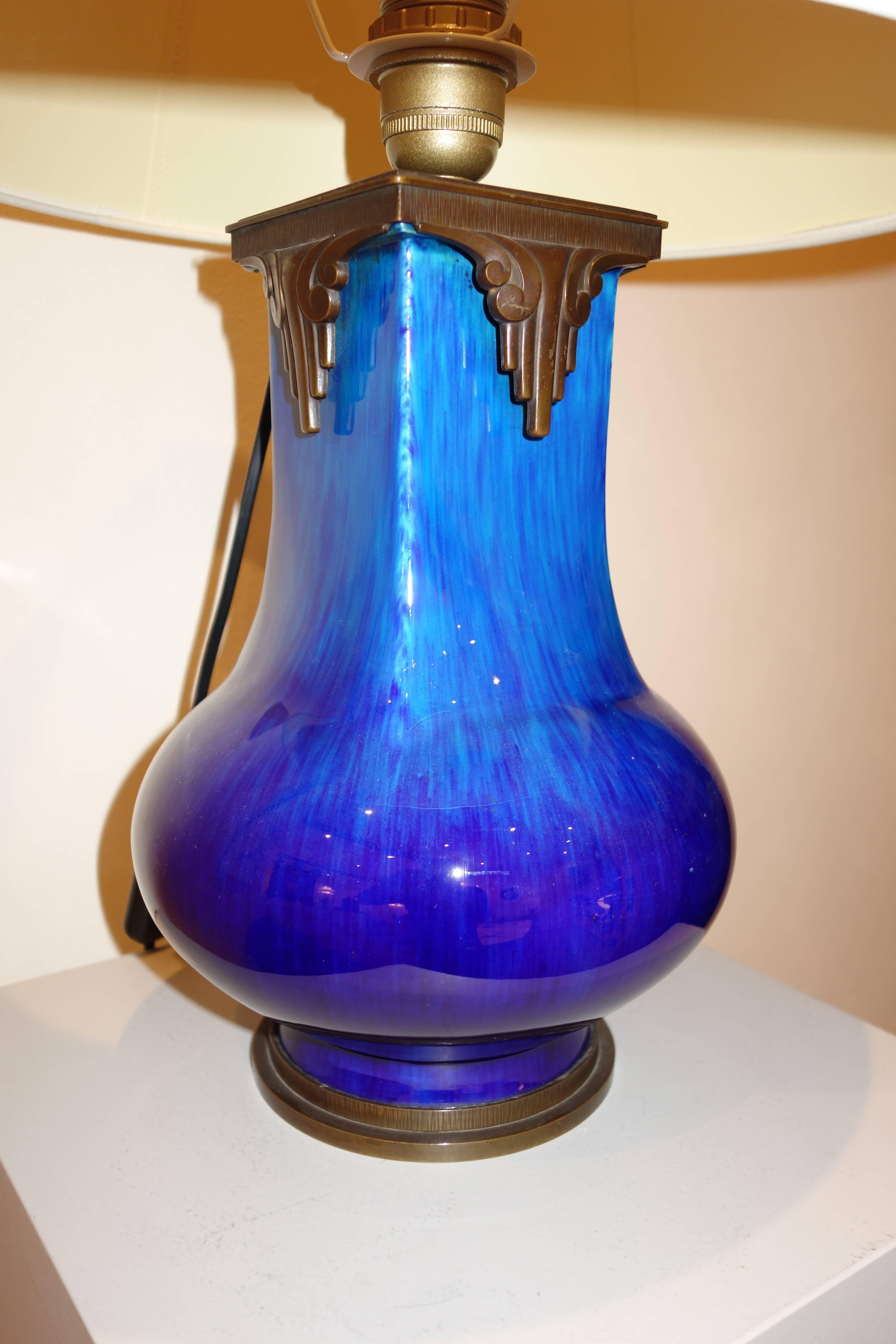 French Splendid Faience De Sèvres Art Deco Lamp Mounted with Bronze, circa 1920s For Sale