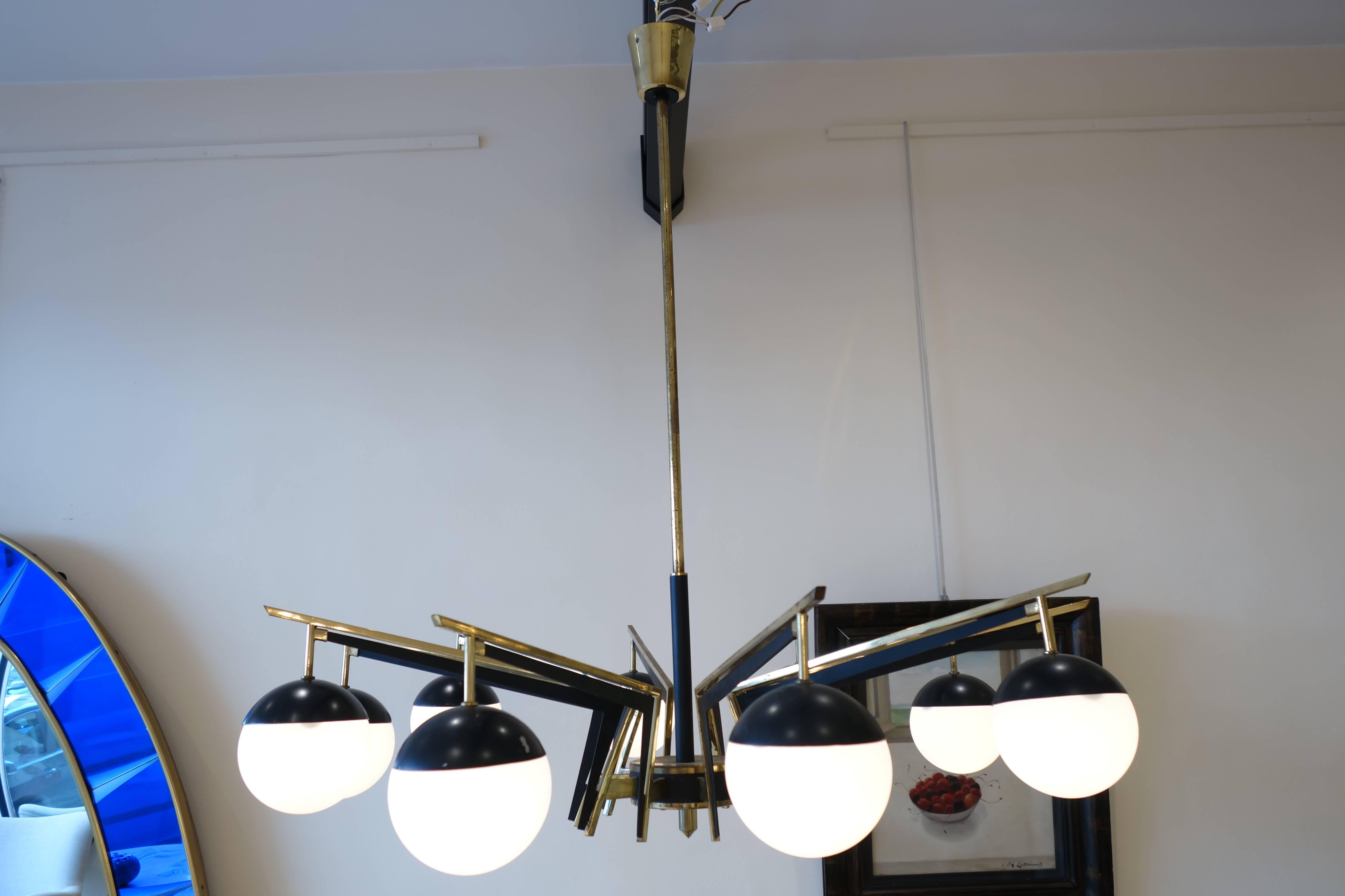 Mid-20th Century Italian Brass and Black Patinated Metal Chandelier, Opaline Glass, 1950s