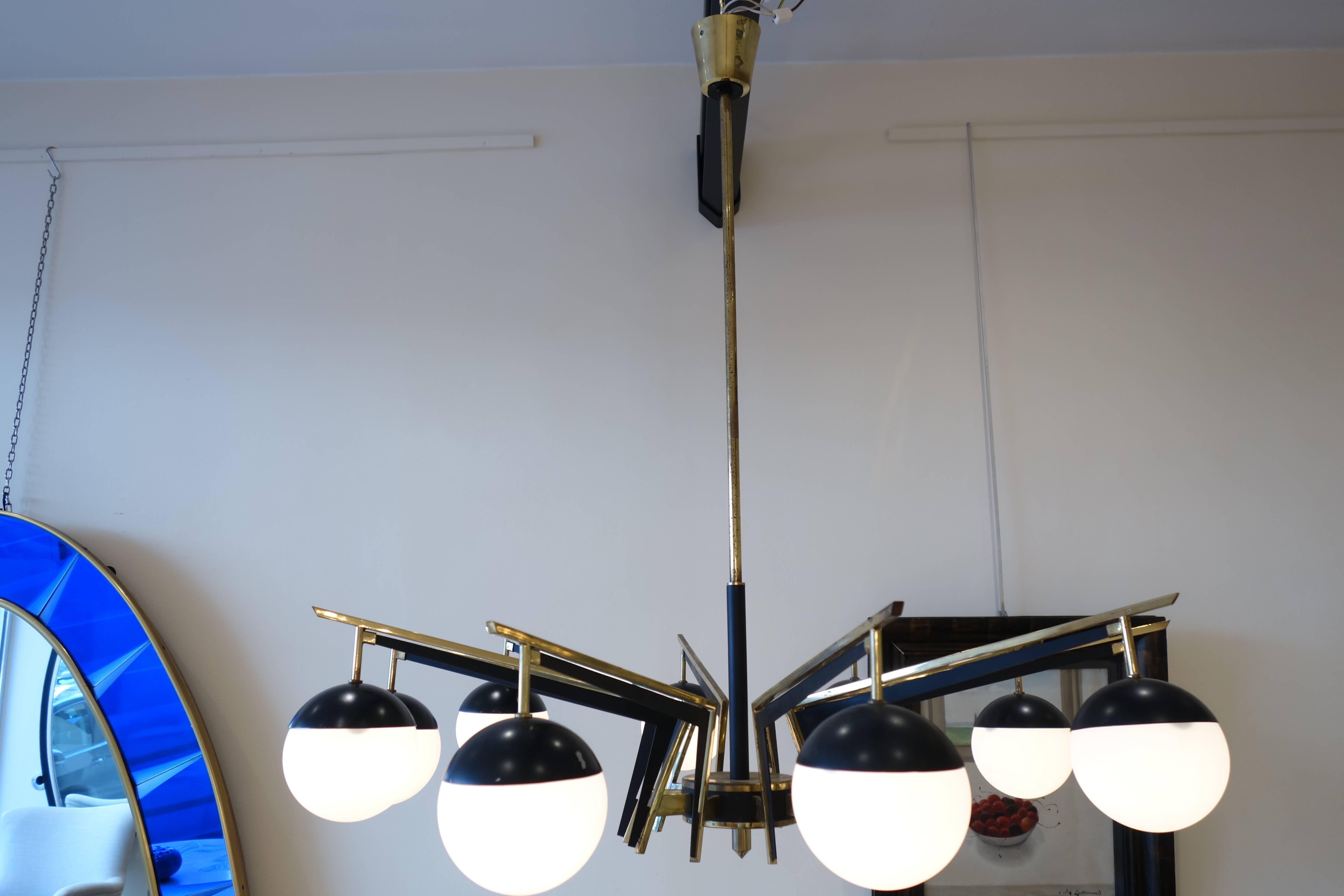 Italian Brass and Black Patinated Metal Chandelier, Opaline Glass, 1950s 1