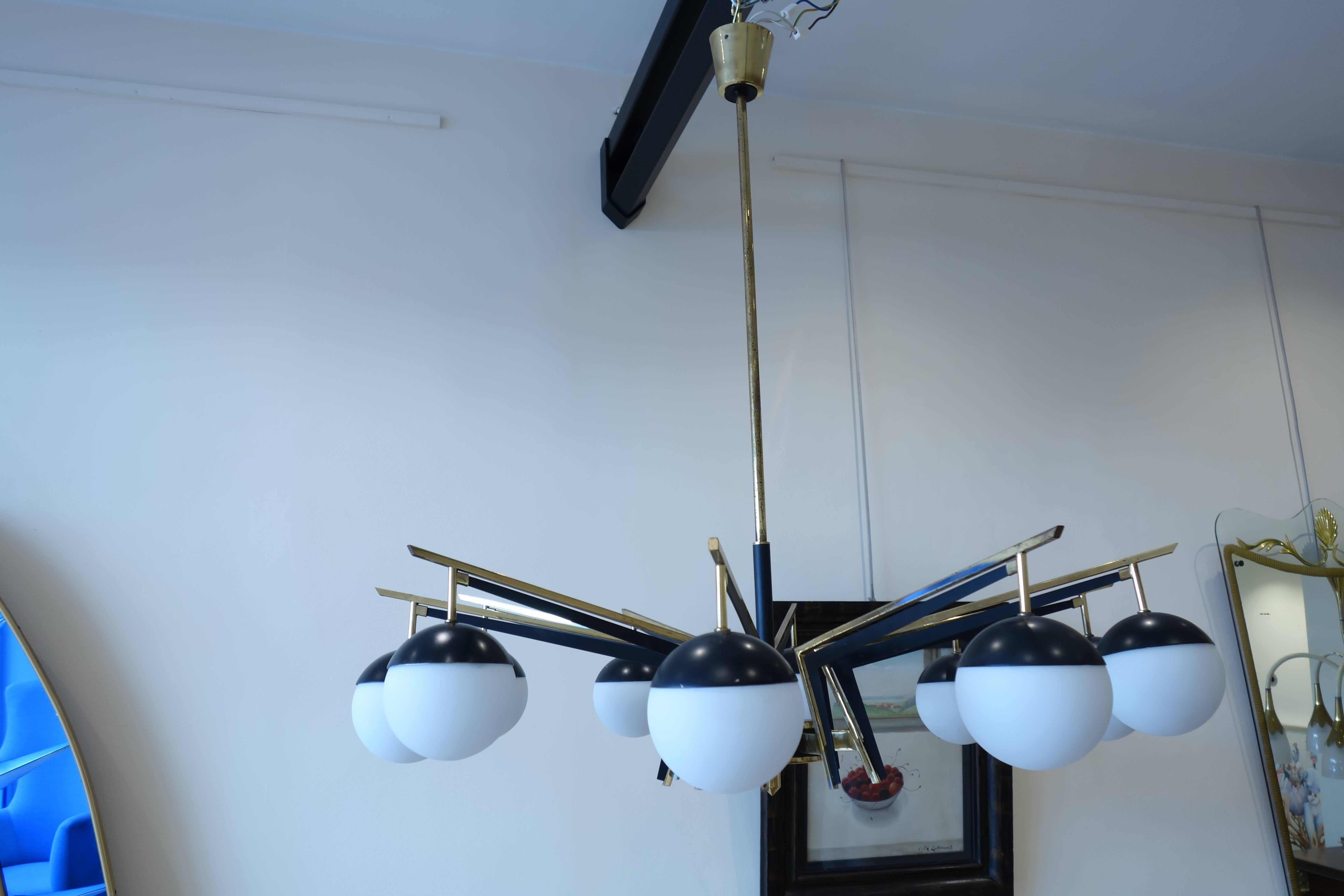 Italian Brass and Black Patinated Metal Chandelier, Opaline Glass, 1950s 2