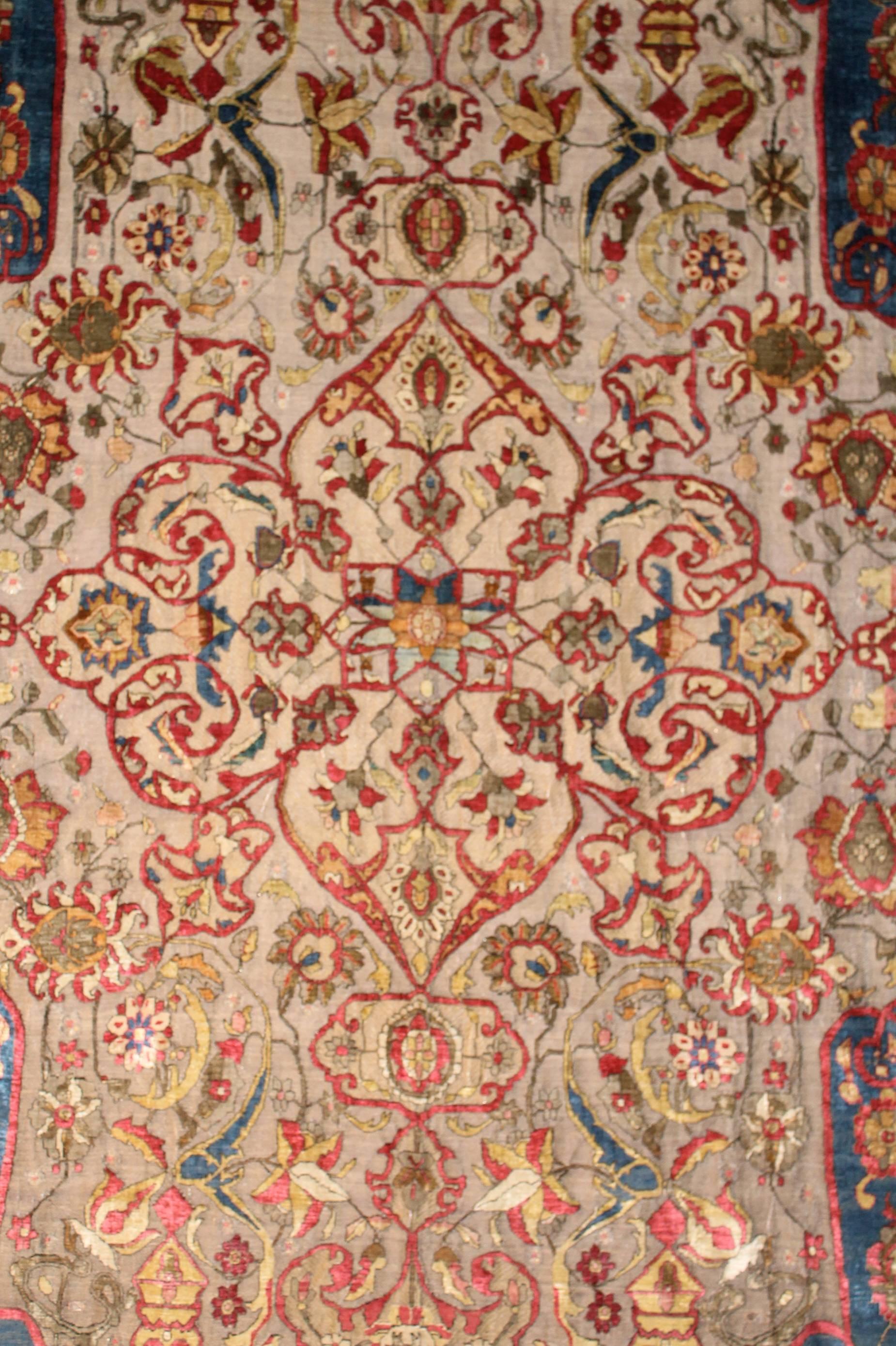 Beautifully silk and metal combined woven antique Souf Kashan.
This carpet is made in 1850-1880 in Iran Kashan.
Colors are amazing and the quality of the silk used is unbelievable.
For my knowledge is ready to go to a museum.