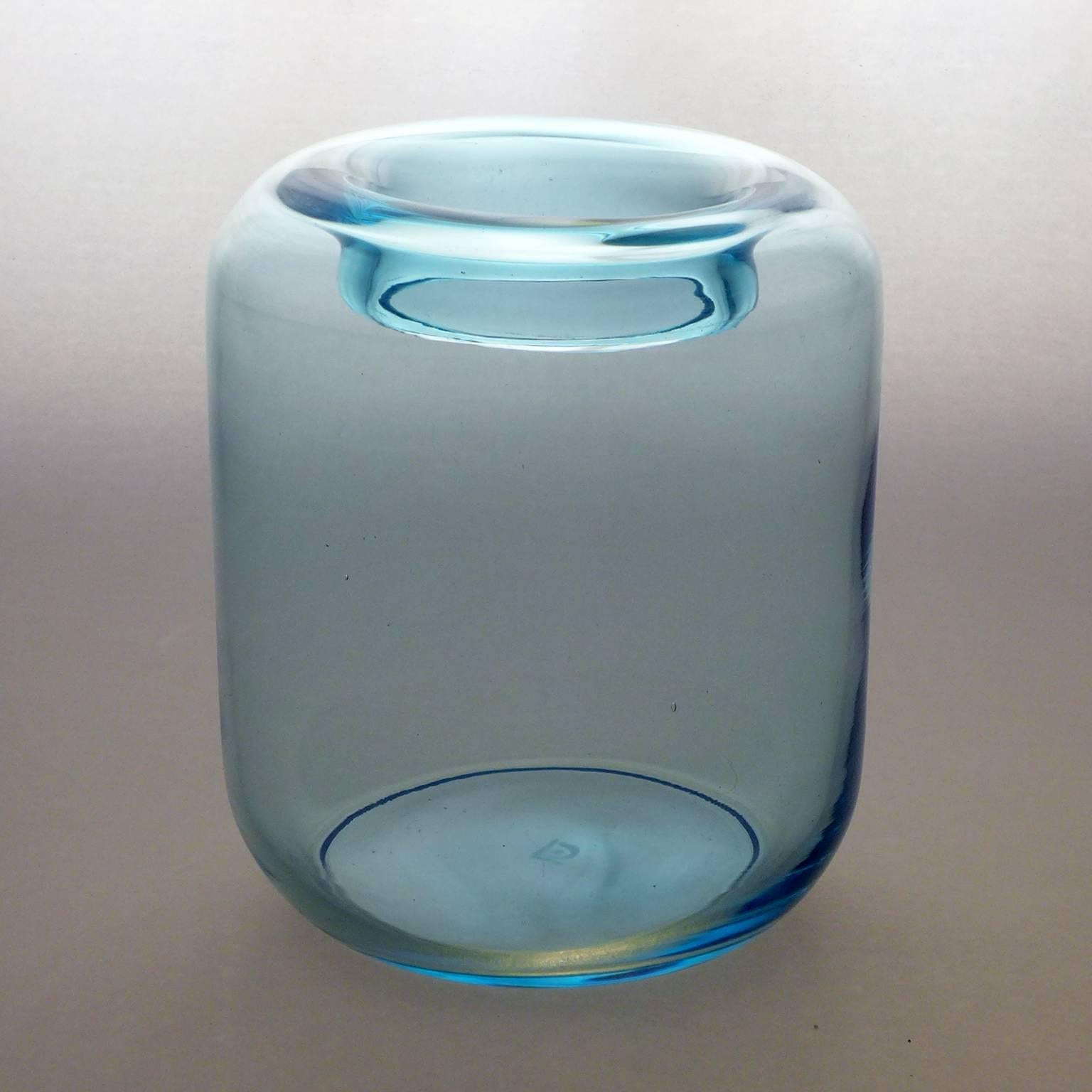 Cool blue Art Deco vase with inverted rim by A. D. Copier/ Signed CL produced at Royal Leerdam Glassworks, circa 1940. Andries Dirk Copier is one of the most revered glass designers of his time, a leader in the Art Deco 'Amsterdam School' style.