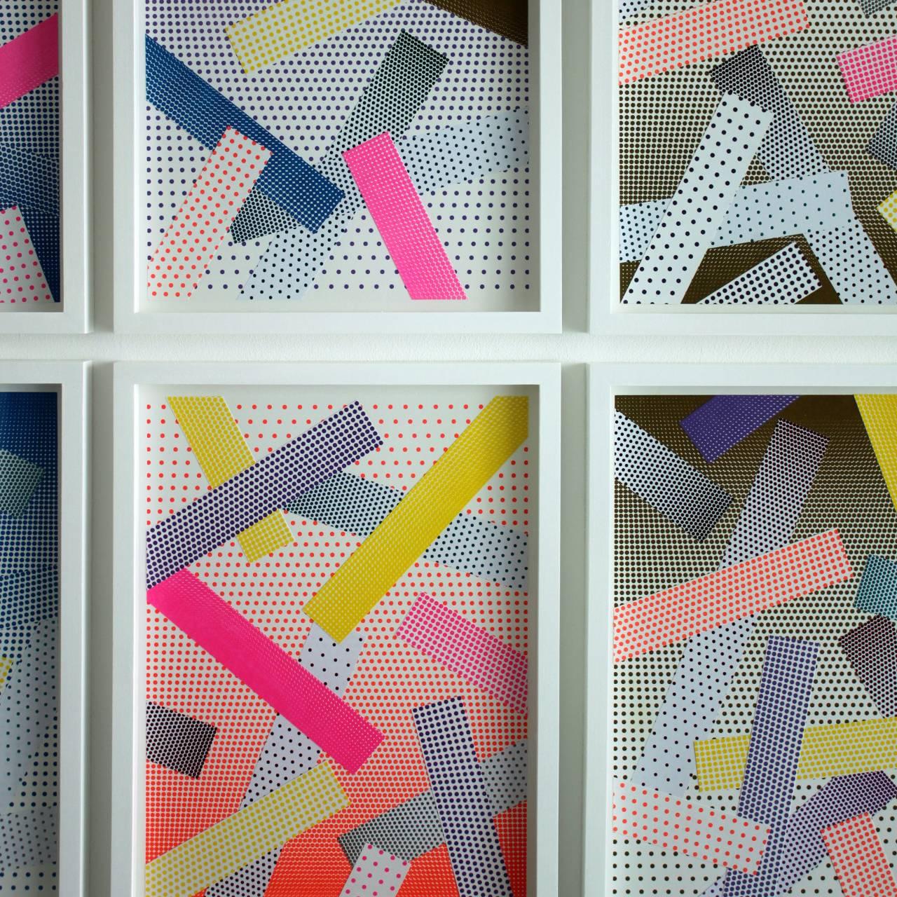 Jason Coburn has meticulously handcrafted a series of colourfully interlaced compositions that make up one entire large-scale installation of 20 framed pieces. Each individual framed work is sold separately — offering both large- and small-scale