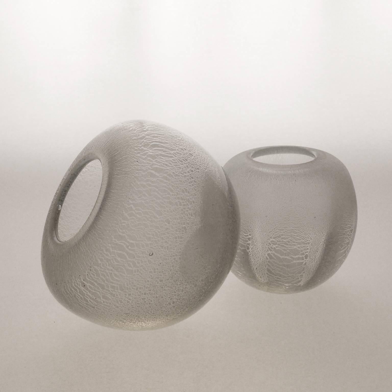A pair of Art Deco 'Tin Crackel' vases attributed to W.J. Rozendaal. Produced by Kristalunie Maastricht ca. 1930. This glass is known for clean, simple and organic forms with high production values. These round edges, perfect proportions, and subtle