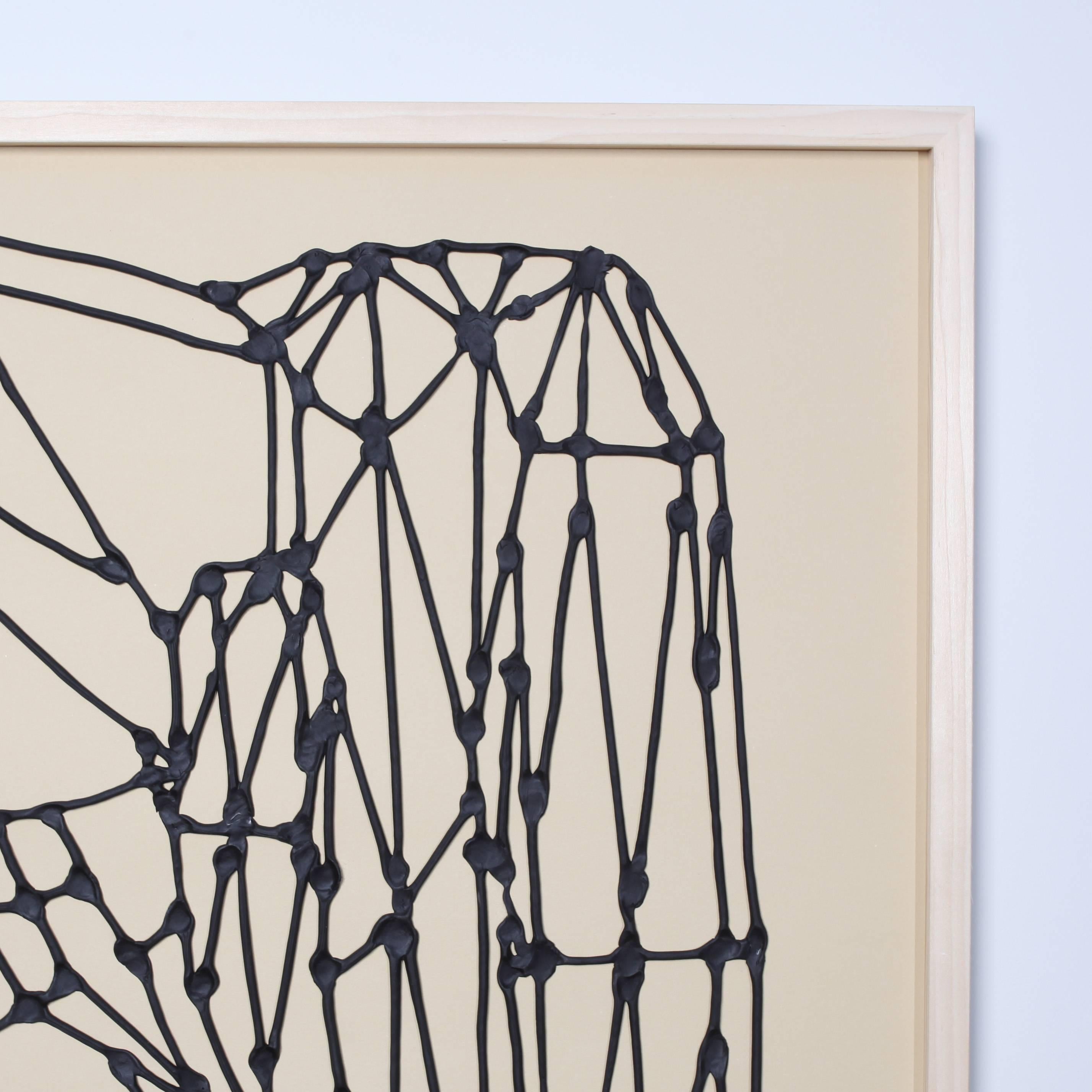 This is a very tactile drawing made from extruded black latex that rises above the surface of the paper. Each intersection of lines has been delicately molded, resulting in irregular traces of the artist's fingerprints.

Eric von Robertson’s