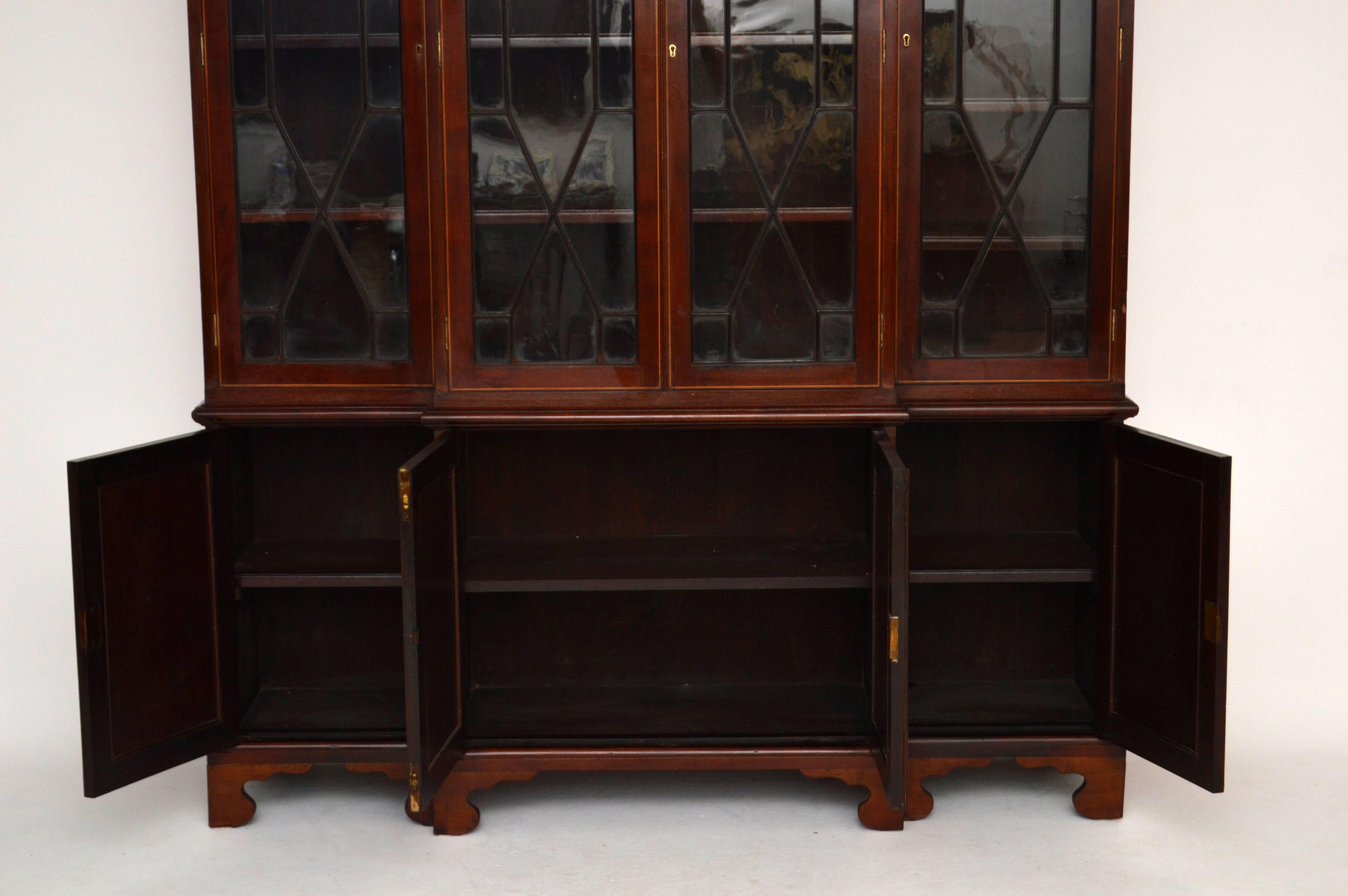 British Antique Mahogany Breakfront Bookcase with Stunning Satinwood Inlays