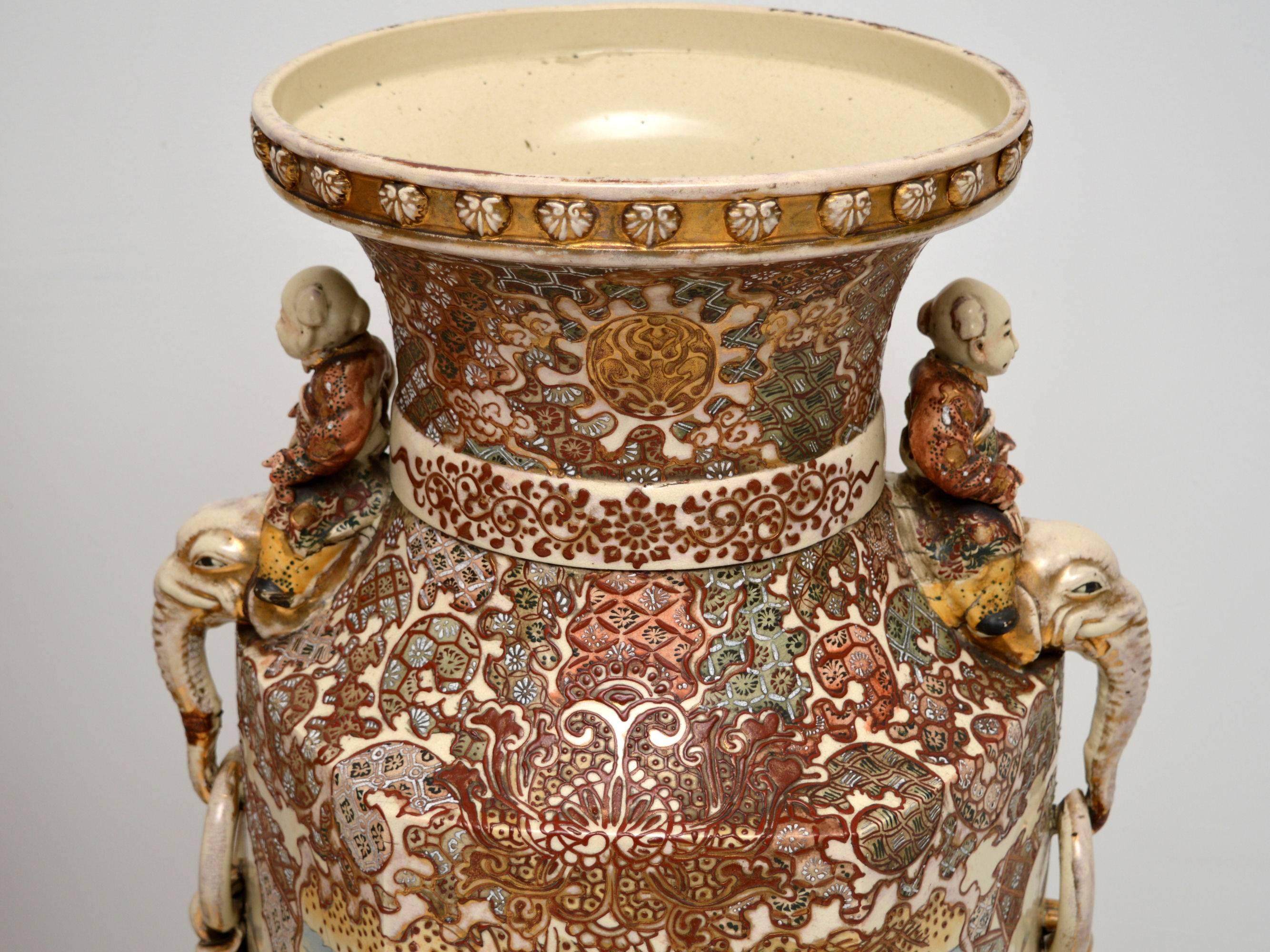 Ceramic Very Large Pair of Antique Satsuma Vases